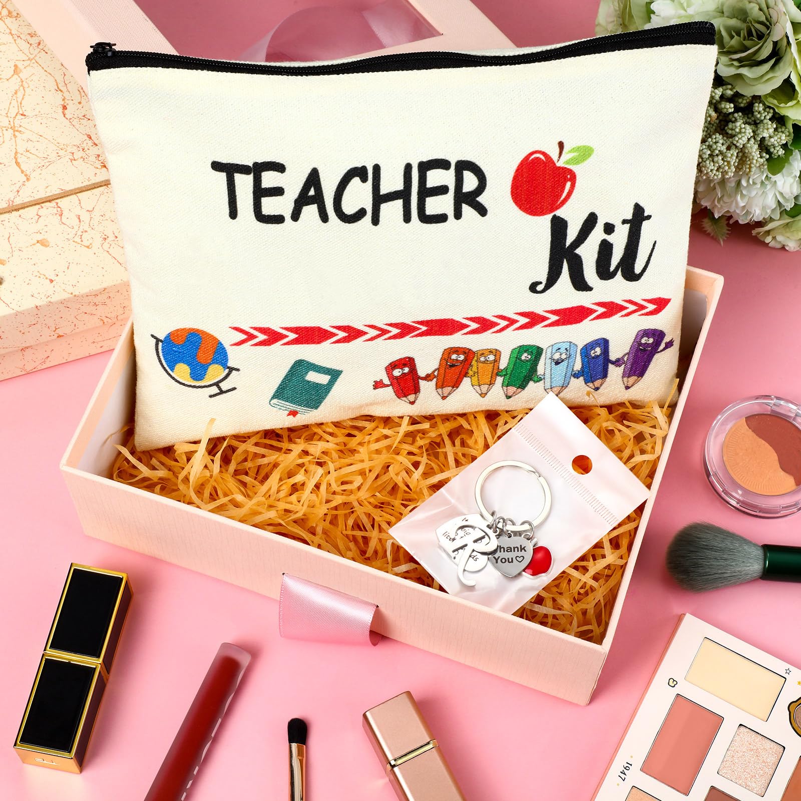 MTLEE 2 Pcs Teacher Appreciation Gift Sets 2025 Graduation Present Makeup Pouch Cosmetic Bag Thank You Keychain with Initial(R Shape)