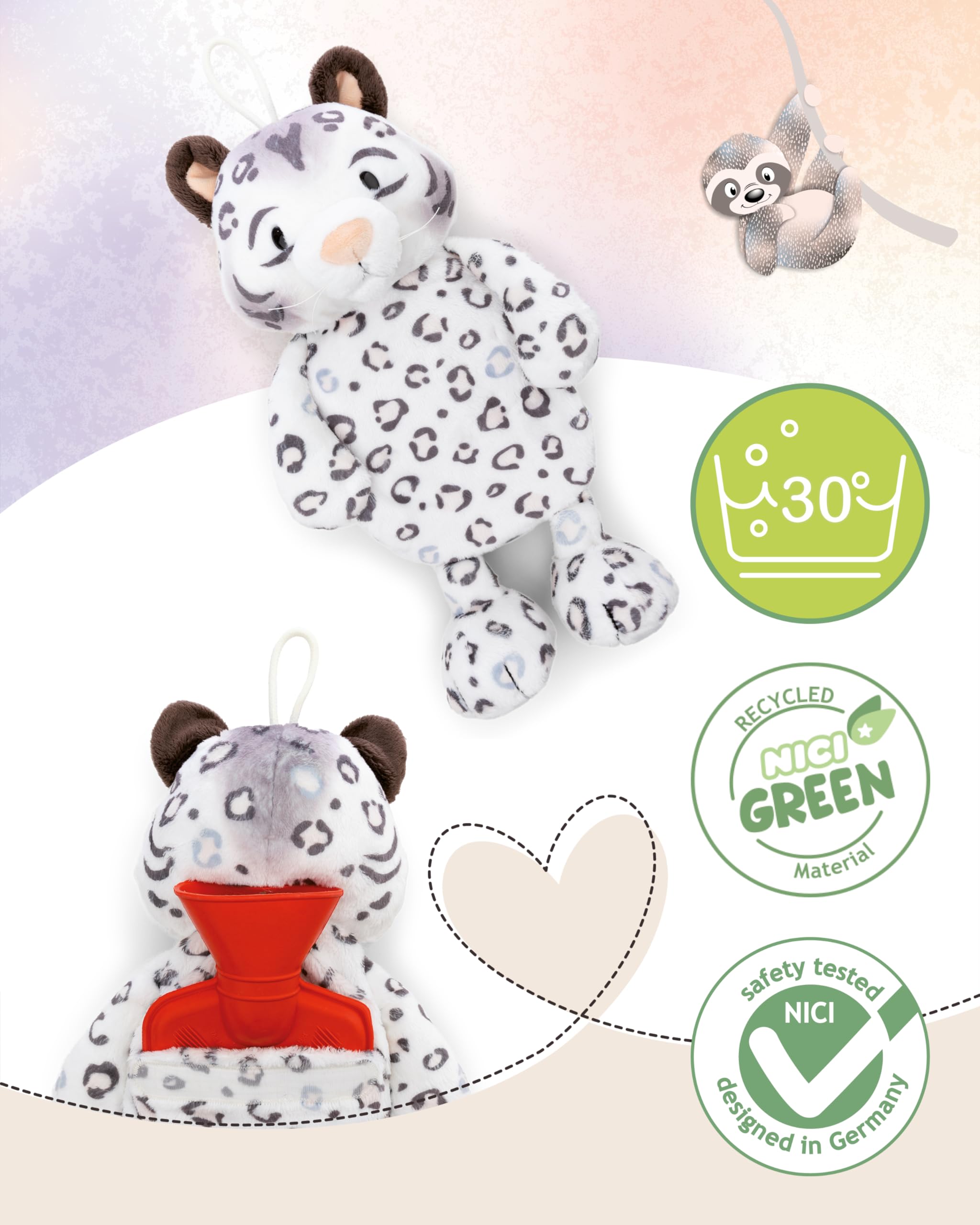 NICI Kuscheltier Wärmflasche Schneeleopard Eleni Snowbell 300ml 34cm - weiß - Kuscheliges Wärmetier ab 10 Monaten – Plüschtier-Wärmflasche, Wärmebeutel für Kinder und Erwachsene - 62447