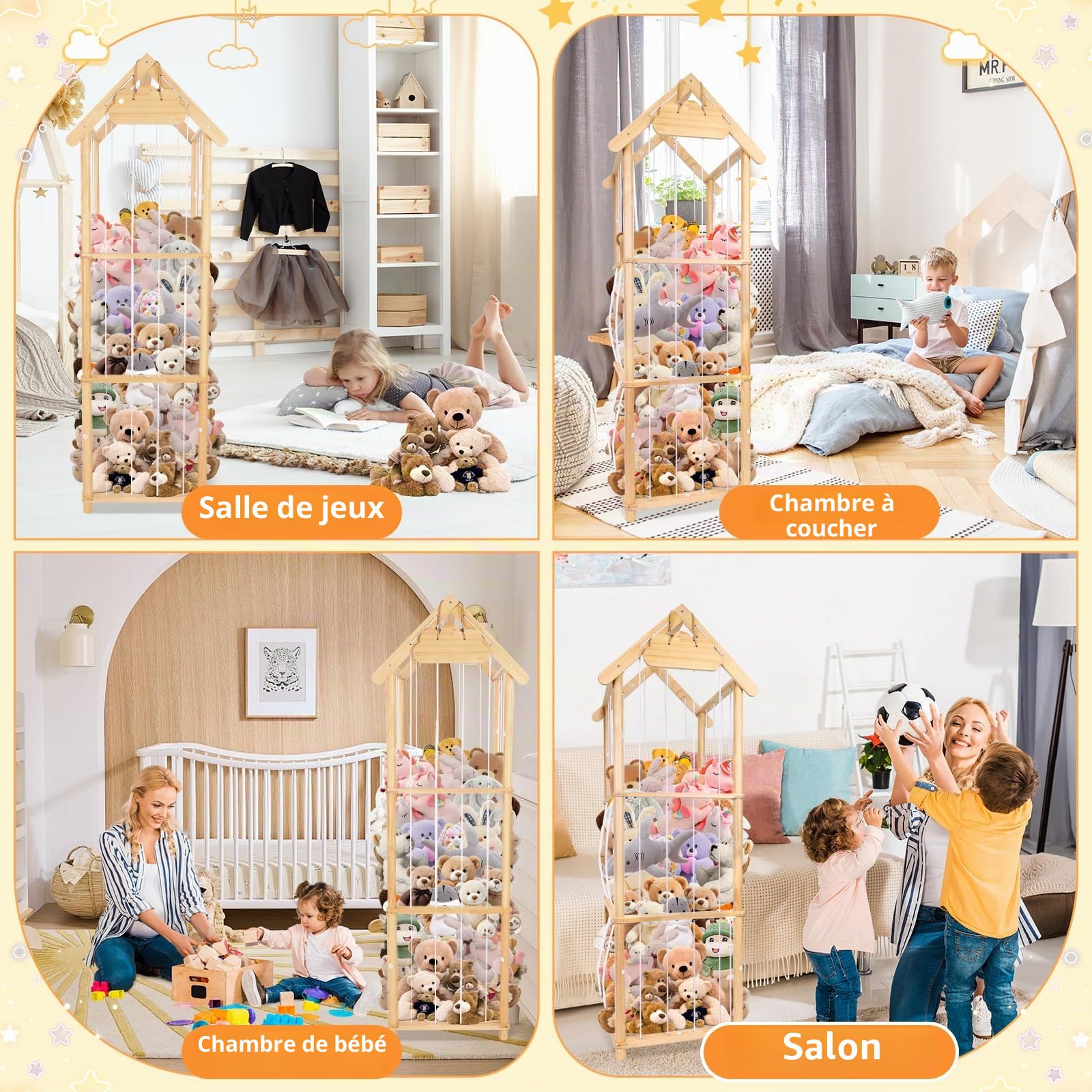 Rangement en bois pour doudou - 150 x 42 x 40 cm - Offre de la place pour les grandes peluches - Rangement pour chambre d'enfant, salon, salle de jeux, chambre à coucher