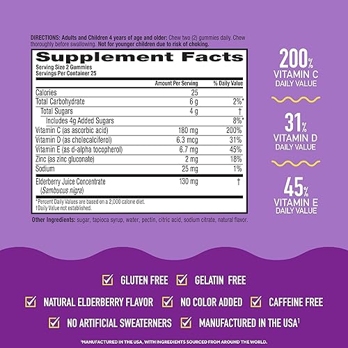 Miniatura 4 de Airborne - Gomitas de baya de saúco  vitaminas y zinc  Airborne 50 unidades en una botella suplemento de apoyo inmunológico sin gluten con vitaminas