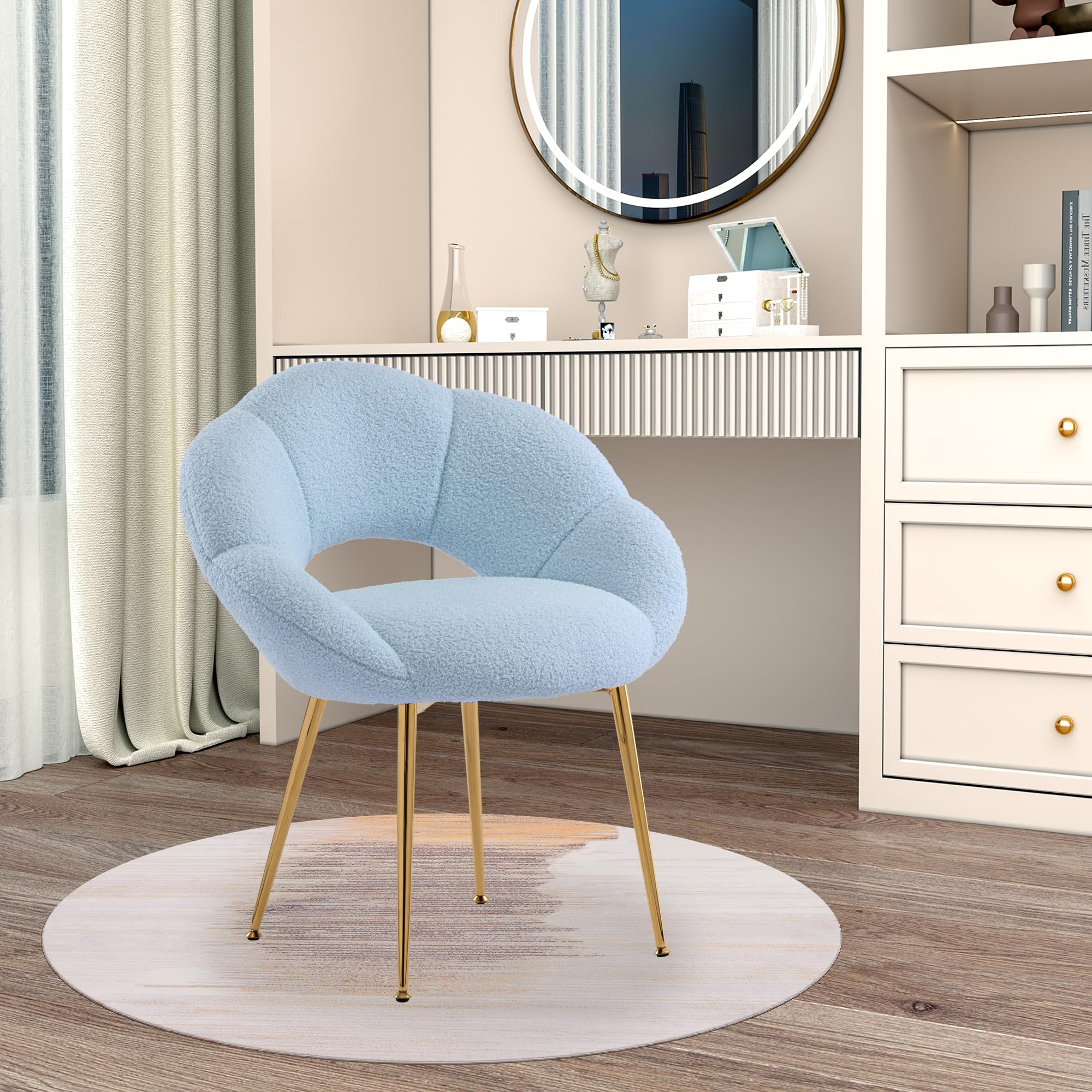 Sedia da toeletta in tessuto Teddy, poltrona relax e da lettura, a forma di fiore, poltrona lounge per studio, camera da letto, soggiorno, balcone (tessuto Teddy, azzurro)