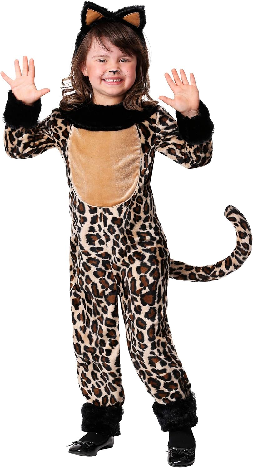 Fun Costumes Girls Leopard Costume with Headband - Kids Jungle Cat Animal Jumpsuit - Child Animal Halloween Costume - Brown, X-Large