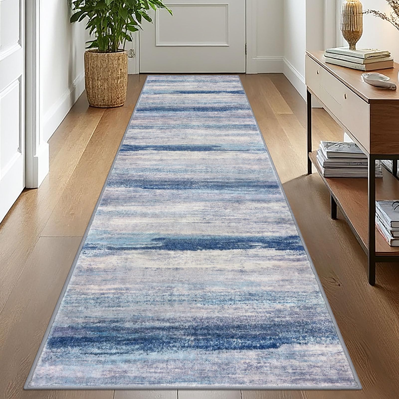 KOZYFLY Modern Abstract Washable Rug Runner 2.6x10 Hallway Rug Runner Non-Slip Soft Kitchen Runner Rugs, Blue/Grey/Beige Striped Carpet for Entryway Bathroom Laundry Room Foyer — image 1