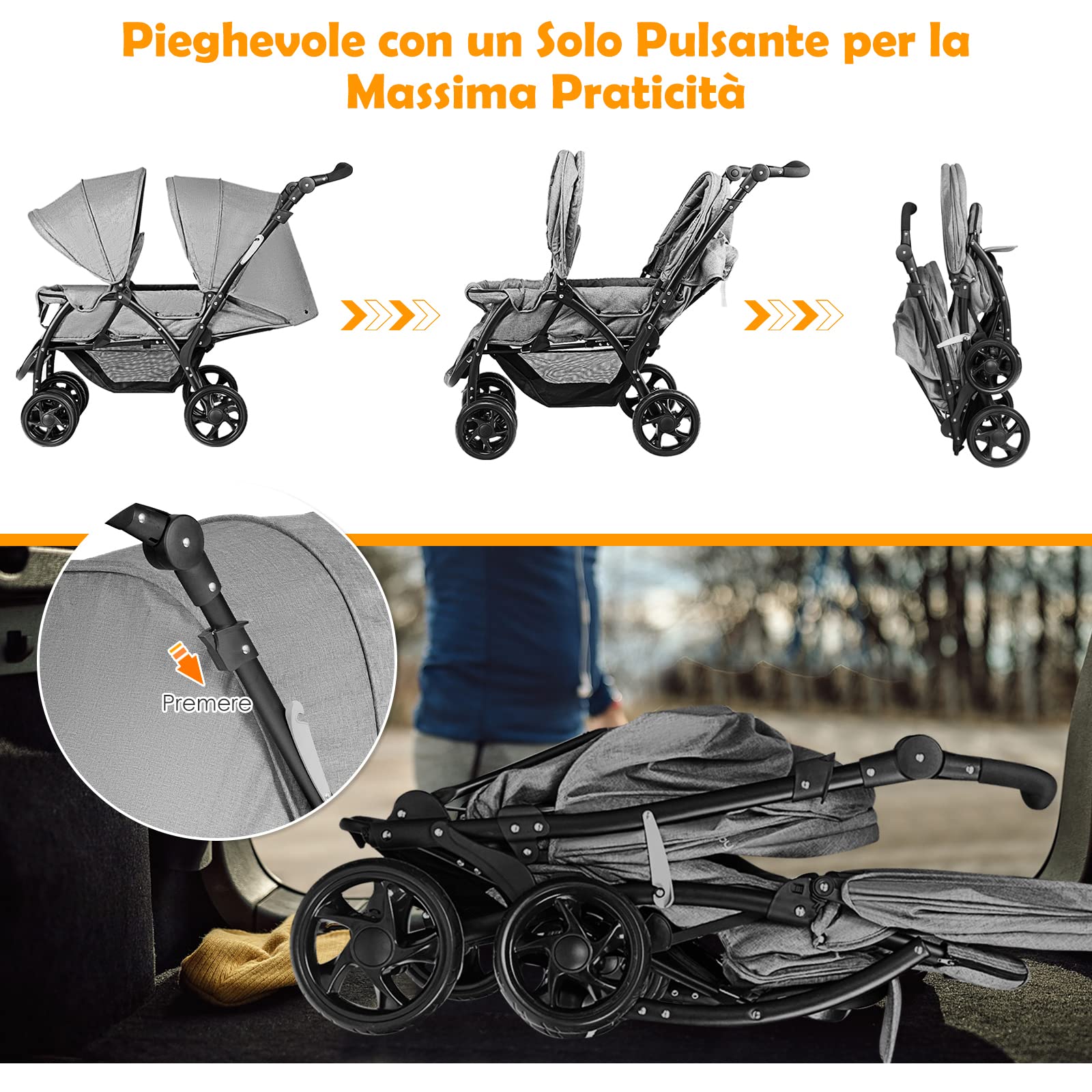 RELAX4LIFE Passeggino Pieghevole Gemellare con Ruote Universali, 2 Cintura di Sicurezza a 5 Punti, 2 Tettoie Regolabili, Maniglia Regolabile per Neonati 0-36 Mesi (GRIGIO)