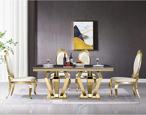 ACEDÉCOR Juego de mesa de comedor, 5 piezas, incluye mesa de comedor moderna de 78 pulgadas con base de acero inoxidable plateado, cuero blanco y