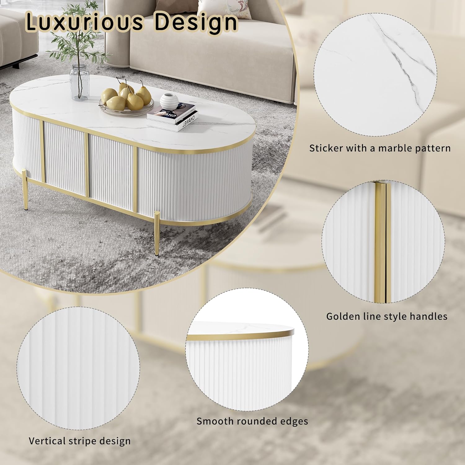 White Pedestal Oval Coffee Table Marble-Patterned Top, Modern Drum Flutted Center Table with 2 Cabinets, Metal Legs and Handles for Living Room Apartment, Easy Assembly White 47.25x23.8x19.2