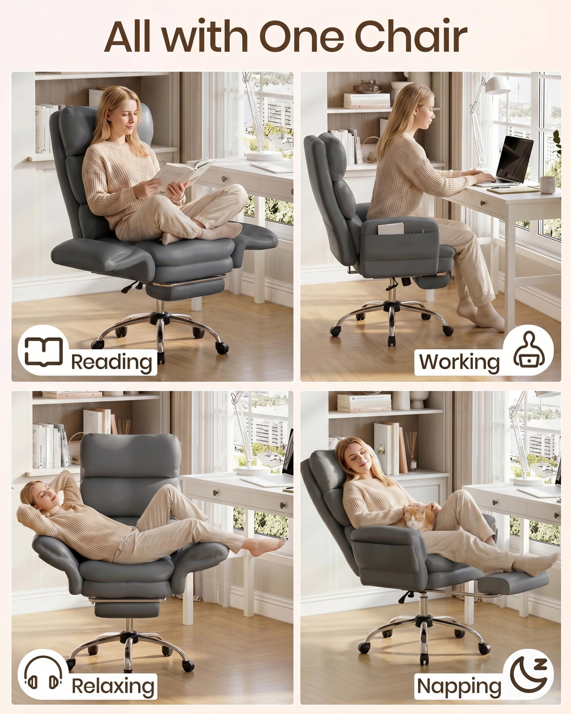 Executive Office Chair, Big and Tall Ergonomic Desk Chair with Foot Rest, Leather Grey, 71D x 71W x 121H centimetres - Image 9