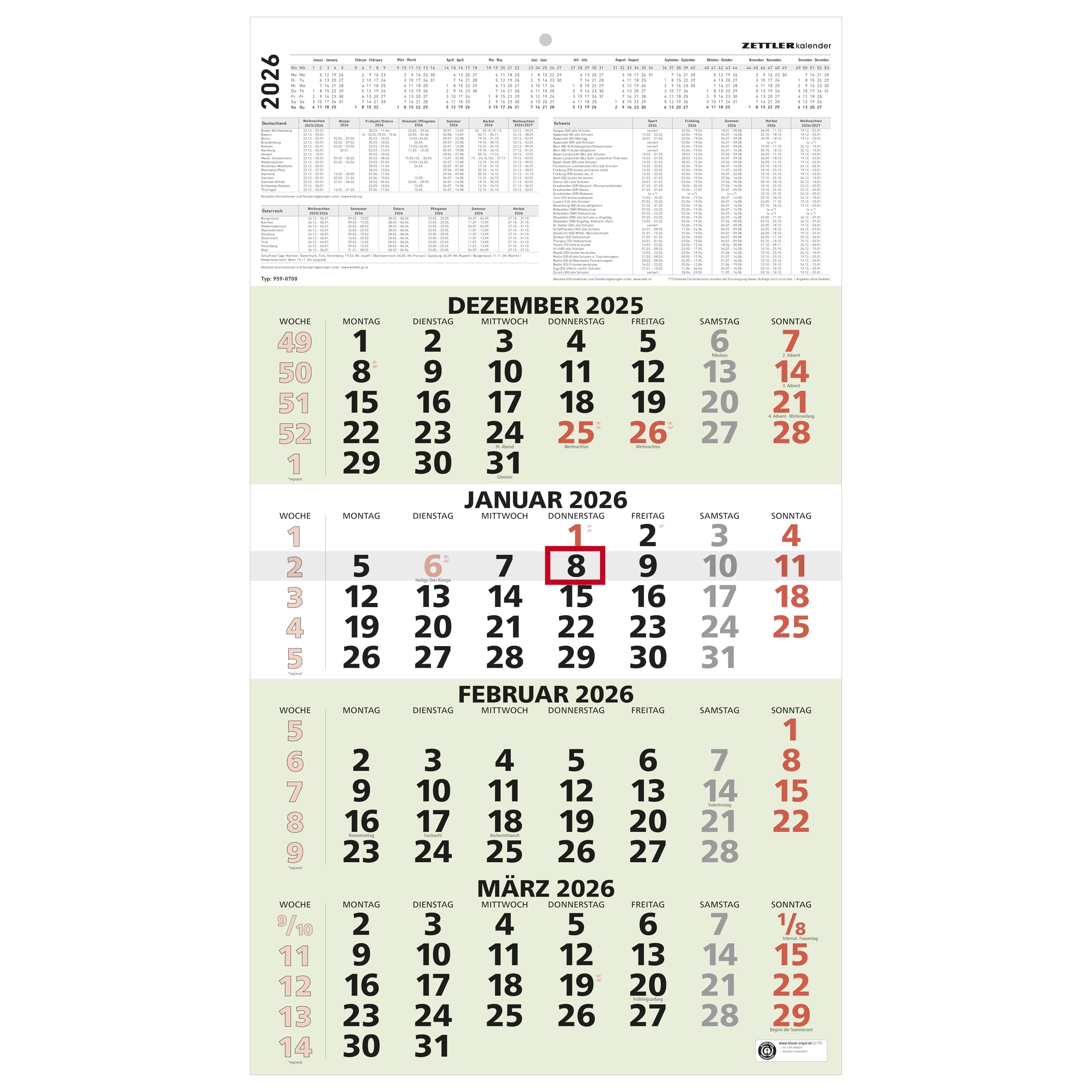 4-Monats-Wandkalender 2026 – Blau 30x60 Cm – Aktionspreis, Mit Lochung