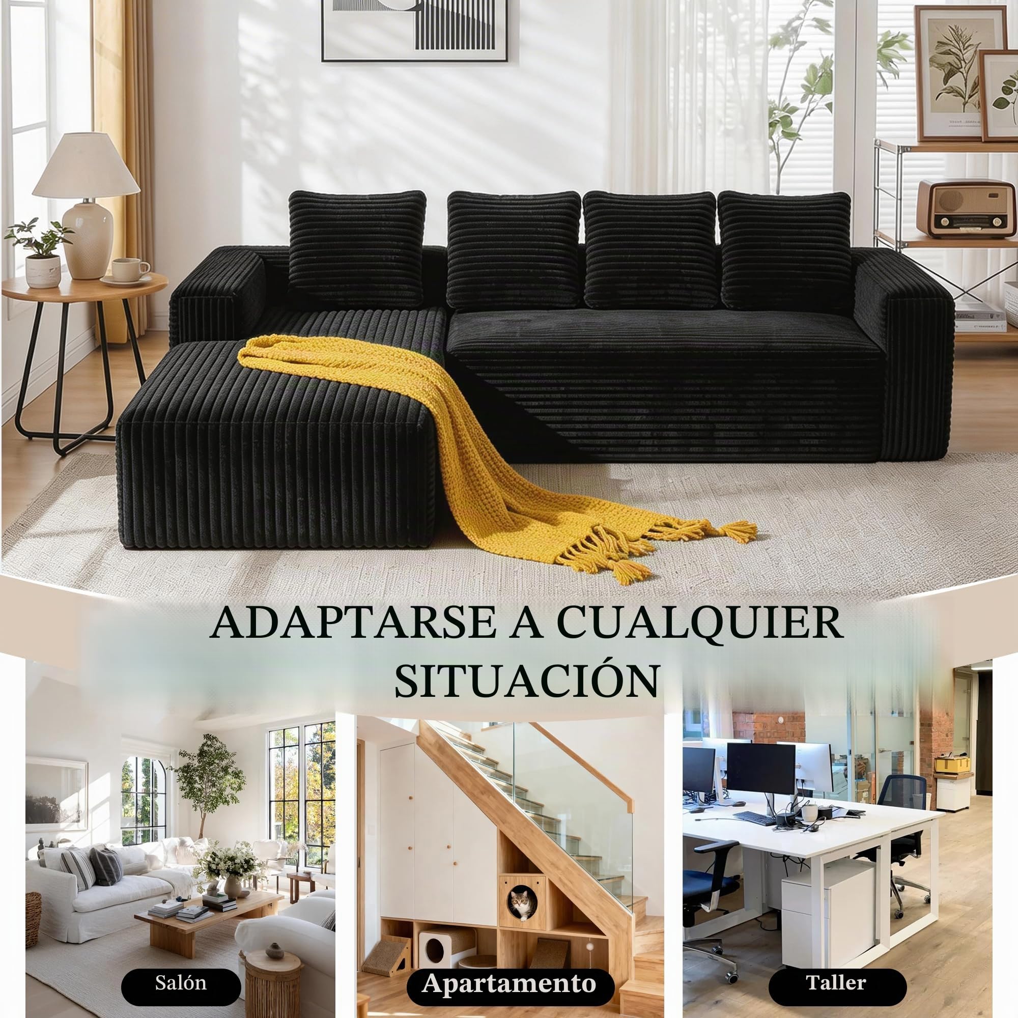 Sofá esquinero en forma de L, sofá de 4 plazas con meridiana y 4 cojines, sofá de pana, sin montaje, para salón y apartamento (Negro)
