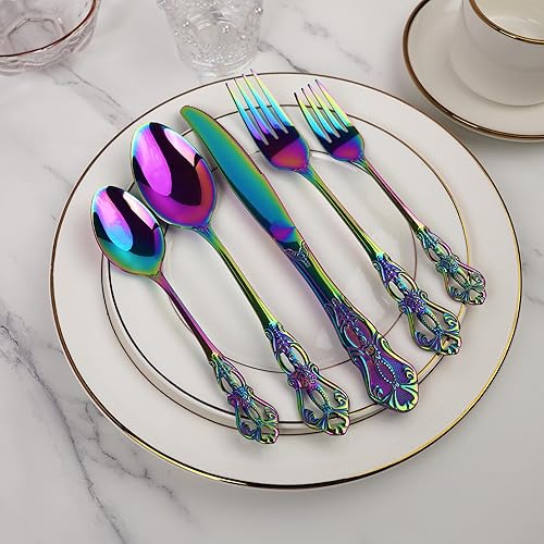 Miniatura 4 de Gorgeous Retro Royal Rainbow - Juego de cubiertos de acero inoxidable de 20 piezas, multicolor, juego de cubiertos de acero inoxidable antioxidante,