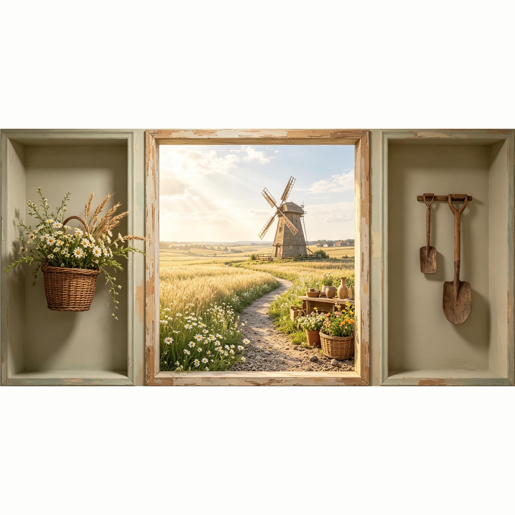 QZLITHOTIC 50x100cm 3D Framed Wall Art， Farmhouse Windmill Landscape Self‑Adhesive Mural， Water‑Activated Peel & Stick Fabric Decor Wall Decal for Bedroom Living Room