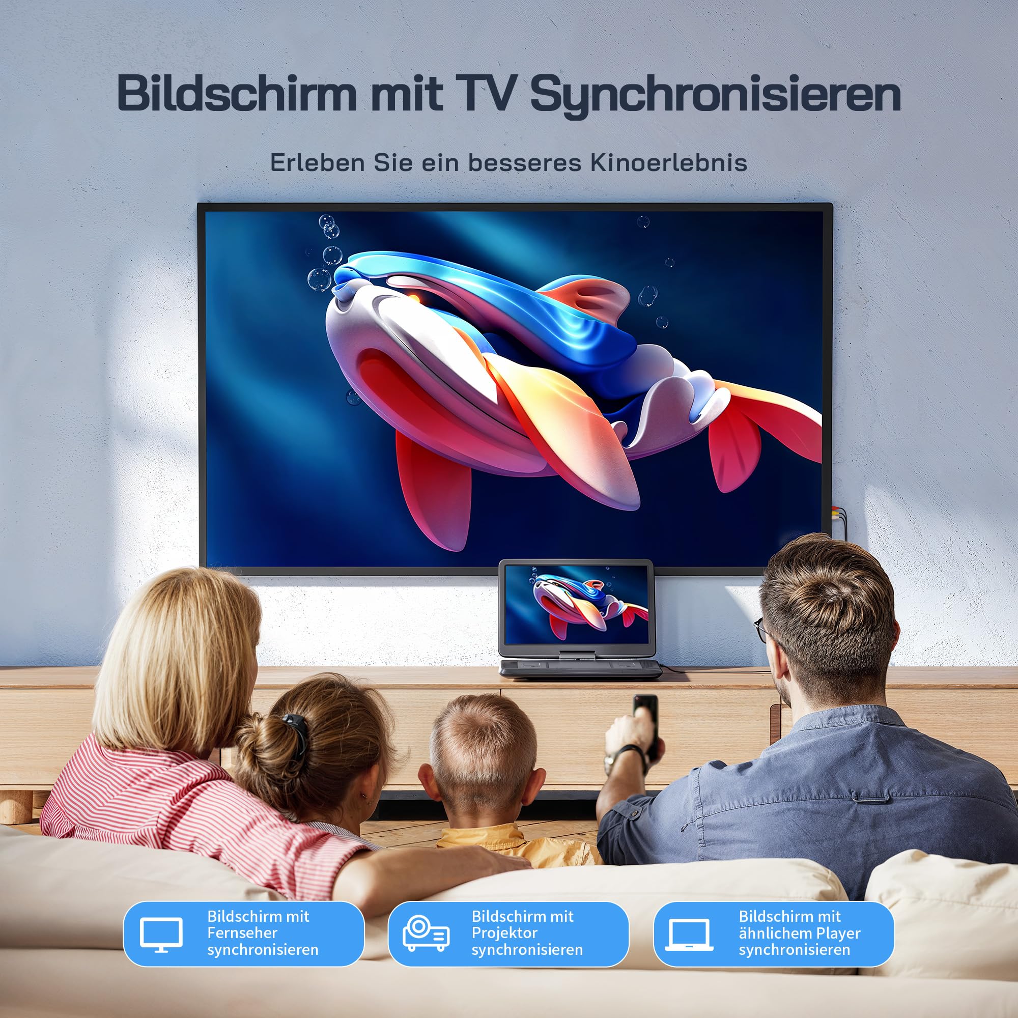 WOLFANG 17,5 Zoll Aufladbarer Tragbarer DVD-Player, 15,6 Zoll HD Bildschirm, 6 Stunden Spielzeit, Sync TV/Beamer, USB/SD Kompatibel, Regionsfrei (Schwarz)