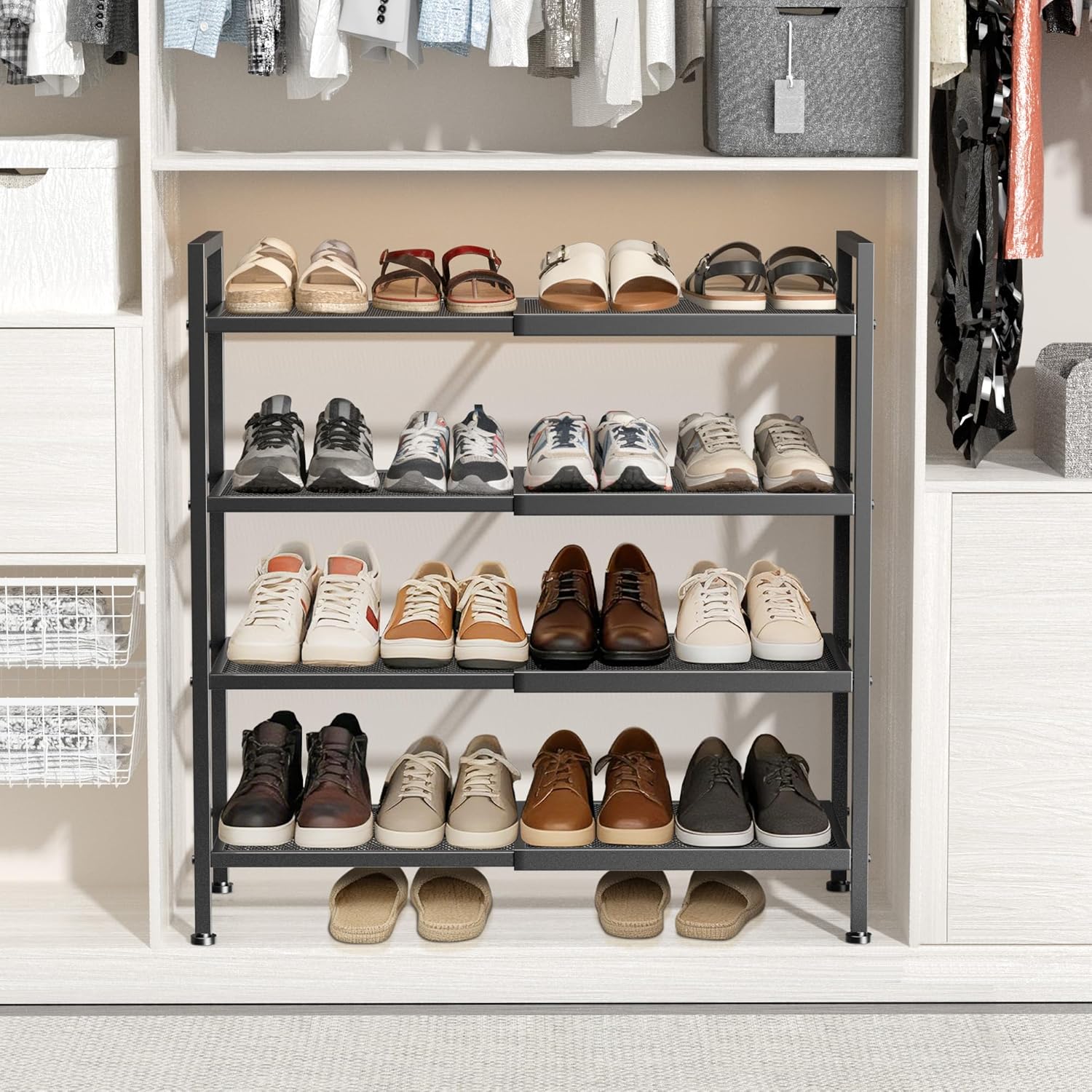 4 Tier Shoe Rack, Expandable Shoe Rack for Closet, Adjustable Shoe Organizer for Entryway, Shoe Storage Organizer for Door Entrance, Garage, Bedroom