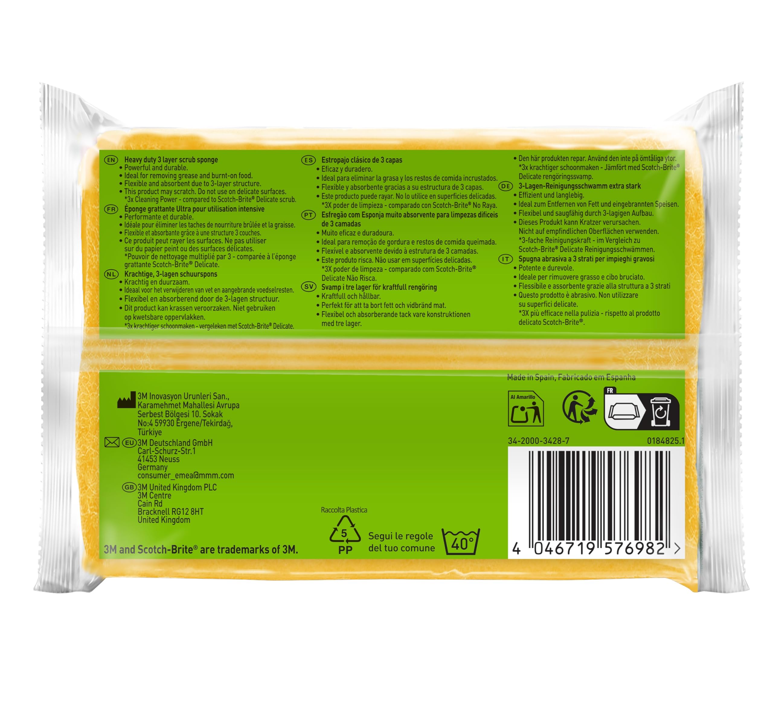 Scotch-Brite Estropajo Ultra Clásico, Pack de 2 Esponjas Multiusos – No Raya, para Ollas, Sartenes, Cristal y Utensilios de Cocina Antiadherentes