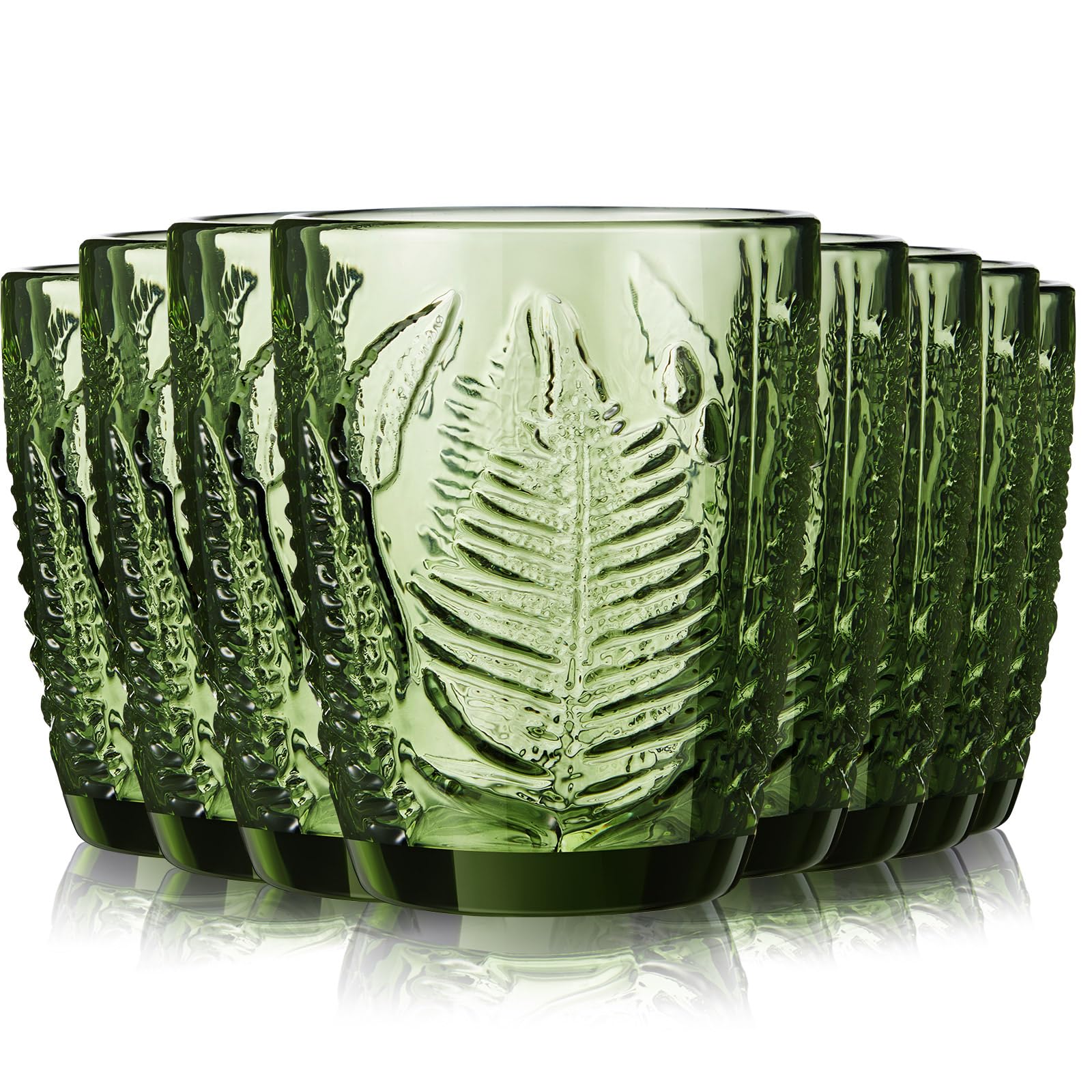 Reallnaive Green Drinking Glasses Set of 8 Boho Aesthetic Vintage Glassware Fern Carving Textured Tumbler Water Cups Embossed