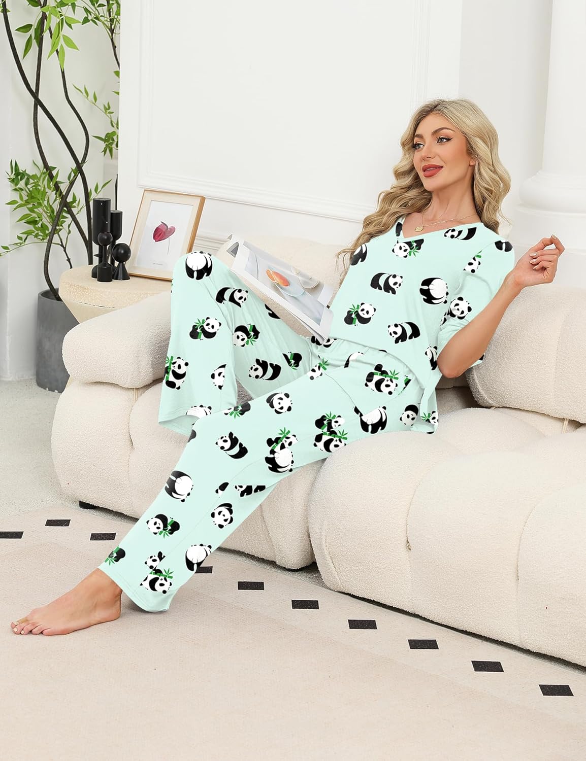 LOMON Women's 2 Piece Lounge Pajama Sets Soft 3/4 Sleeve Tops and Wide Leg Pants Loose Casual Outfits with Pockets - Image 5