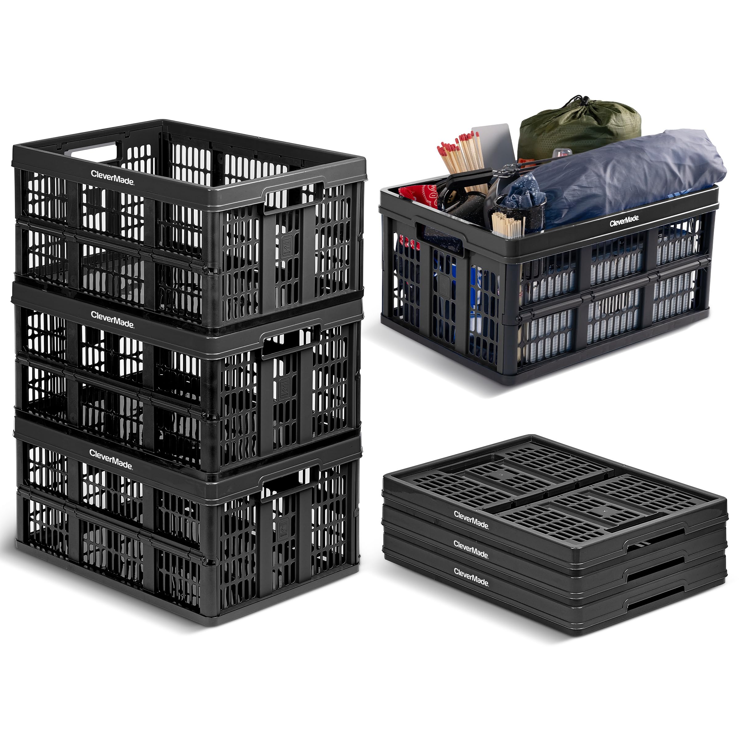 CleverMade Collapsible Utility Crates For Storage, 45L 3 Pack, Obsidian