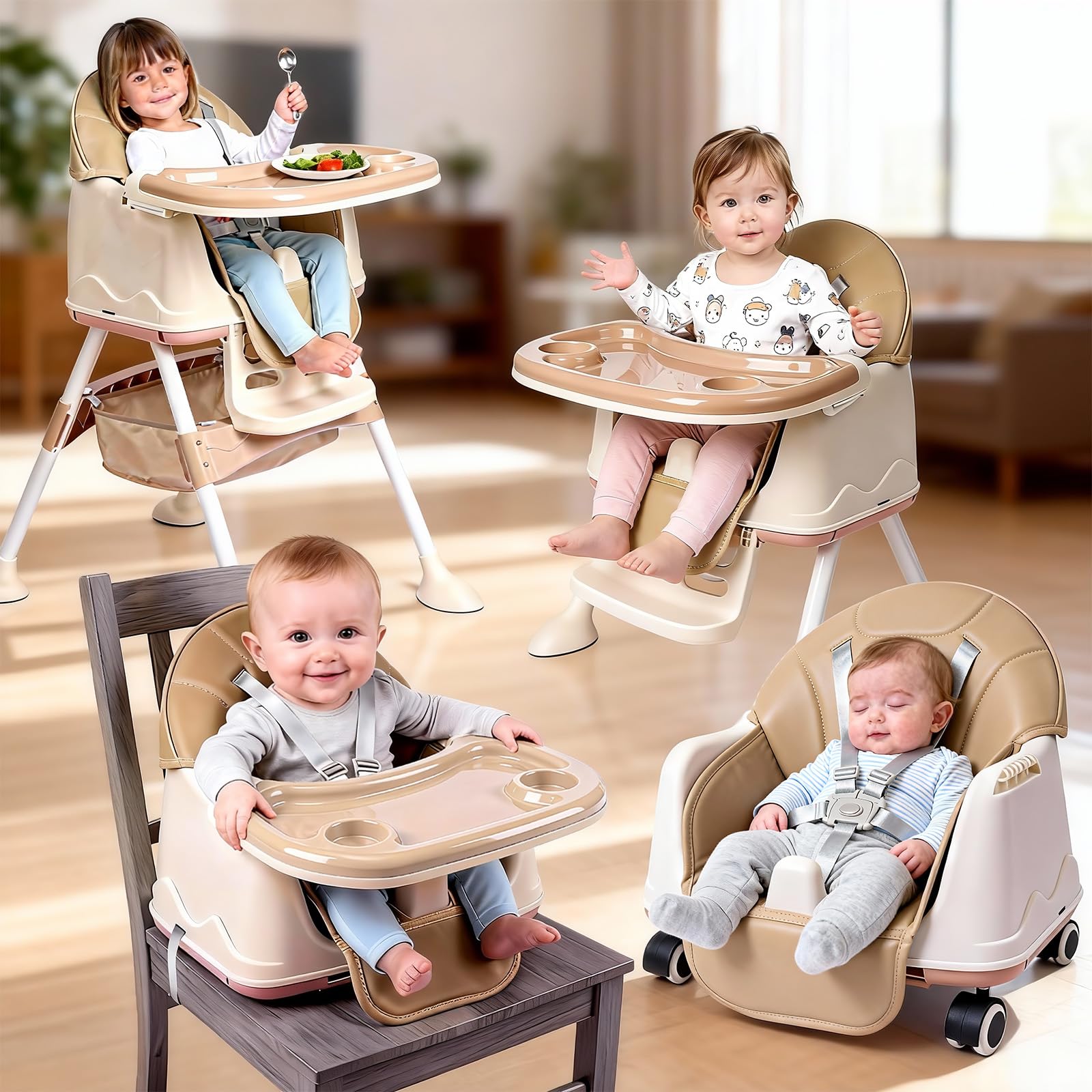 Soontrans Hochstuhl Baby Mitwachsend Ab Geburt bis zum Spielerischen beim Familienalltag, 2-Dach Höhenverstellbar & mit Esstablett & 3-Positionen Fußstütze, Gepolstert Sitzbereich & Metallrahmen(Beige