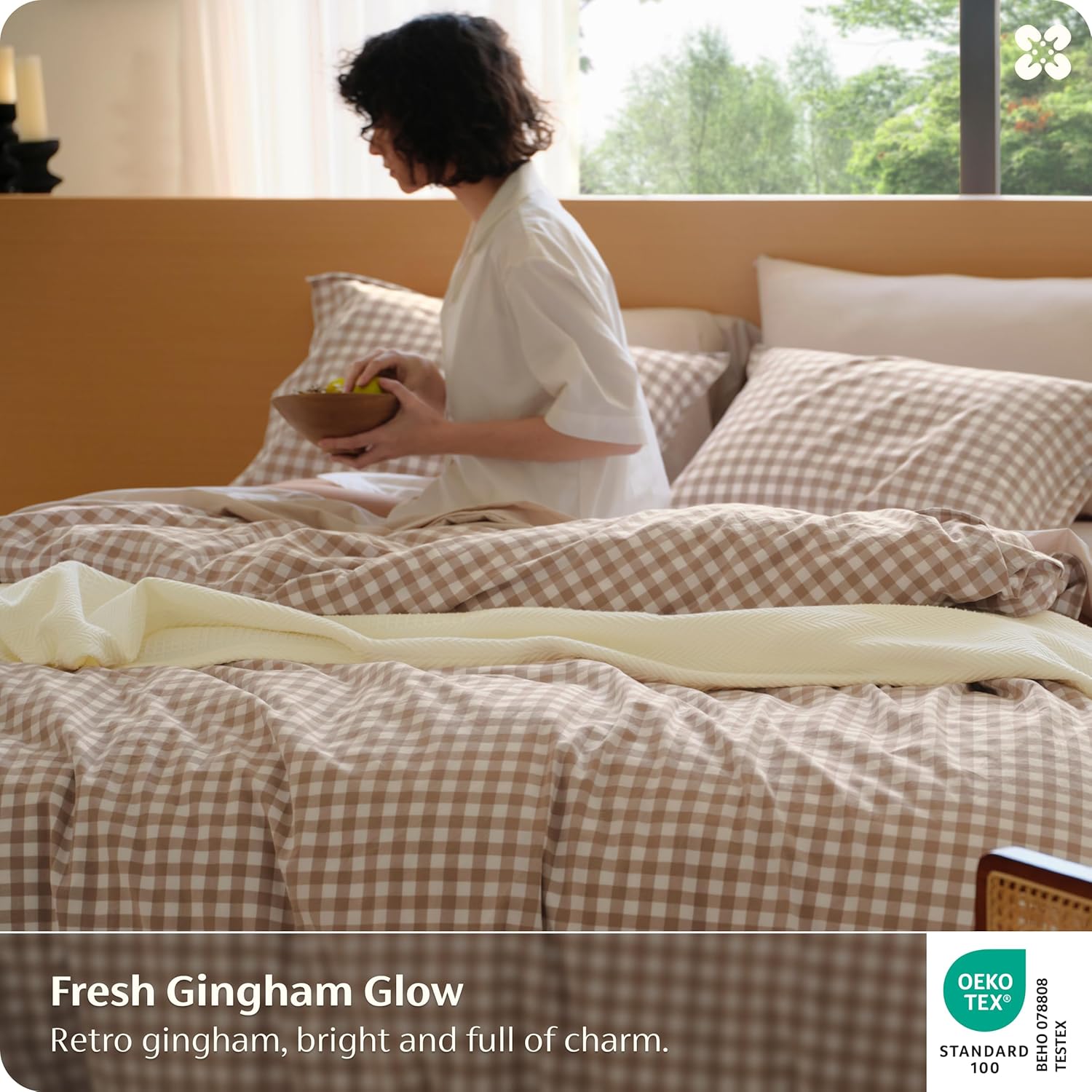 Bedsure Gingham Duvet Cover Queen, 100% Washed Cotton Duvet Cover Linen‑Like, PureWoven with Reversible Yarn‑Dyed Design & Double‑Stitch Craft, 3-Piece with Zipper, Gingham Light Brown, 90"x90"
