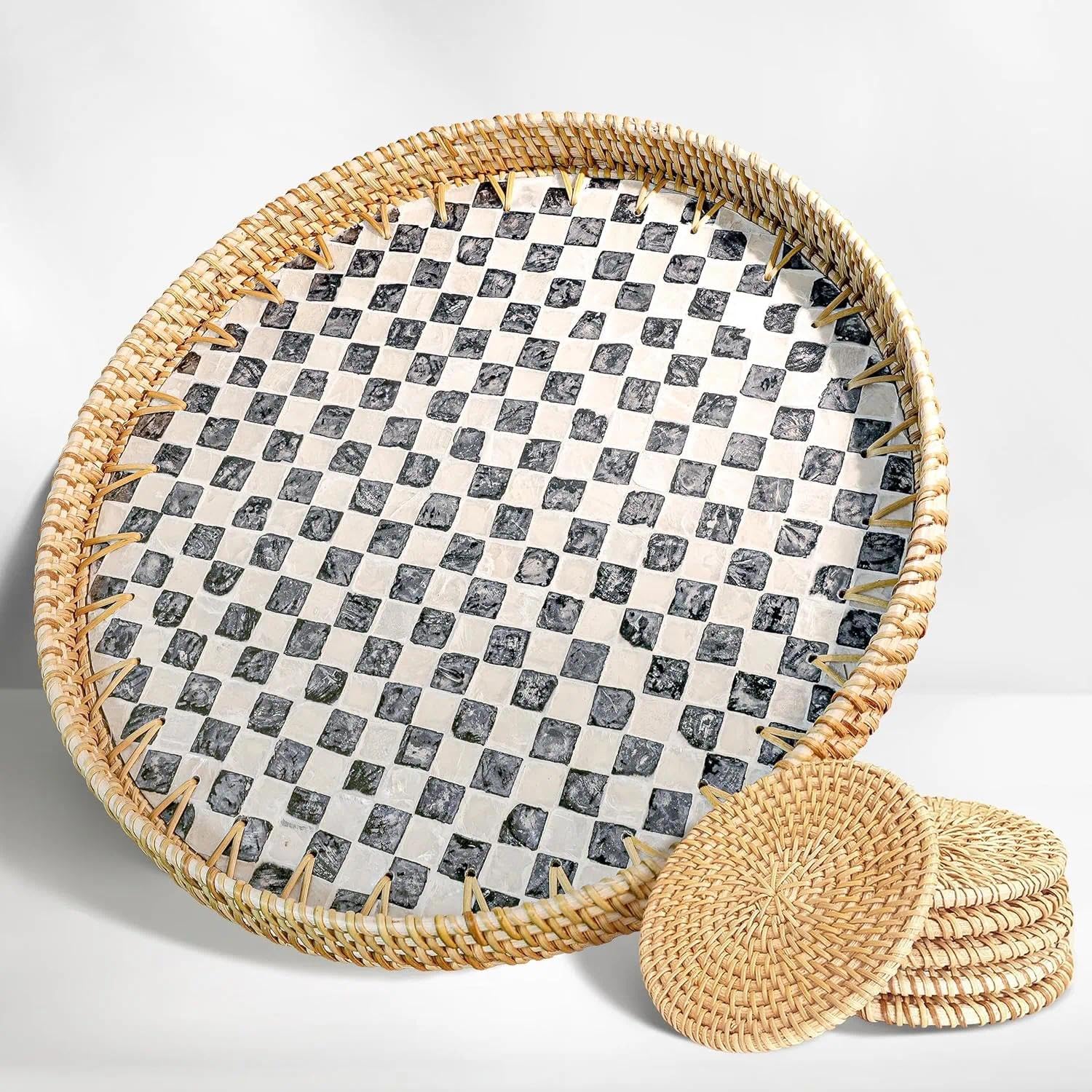 Dachsy Checkerboard Round Rattan Tray With Mother Of Pearl Inlay, Decorative Wicker Serving Tray With Wooden Base, Includes 6 Matching Rattan Coasters, For Coffee Bread Fruits Table Decor (, 35Cm)