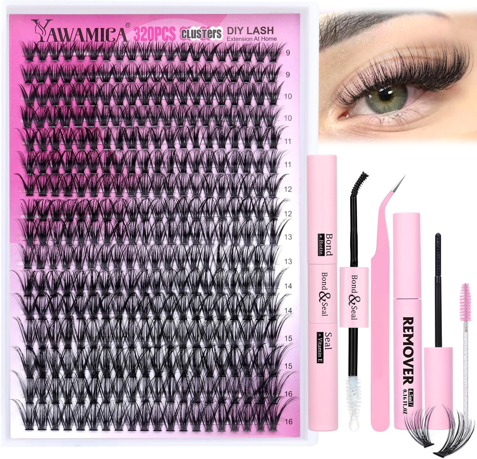 Yawamica Lash Clusters Kit 320pcs Eyelash Clusters D Curly 9-16mm 40D Individual Lashes Wispy Lash Extension Kit with Bond and Seal and Lash Remover and Lash Applicator for Eyelash Extension Beginners