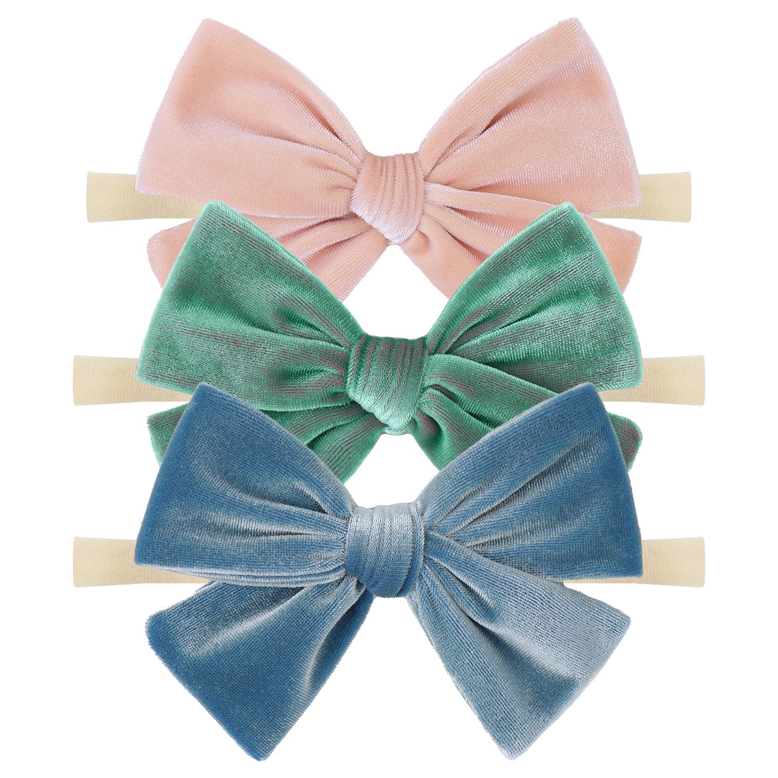 ONENINEDREAM 4'' Baby Velvet Gloss Bows Handmade Headbands Tied Bow Elastic Nylon Hair Accessories for Baby Girls Newborn Infant 3 Pcs Light Blue Aqua