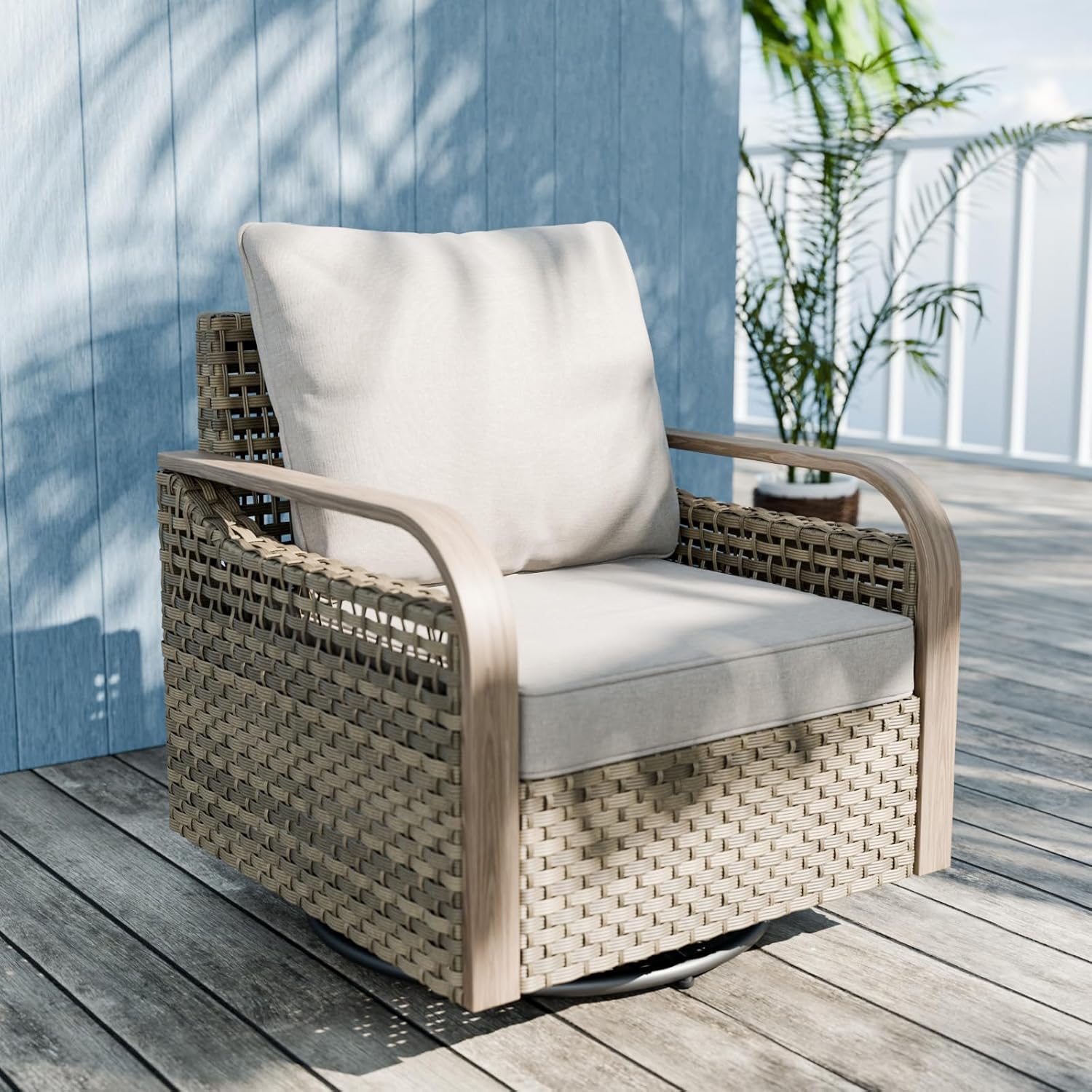 Modern Wicker Outdoor Swivel Rocking Chair, Rattan Glider Rocker Chair Patio Furniture for Backyard, Deck, Porch, Garden, 1 Piece, Brown/Gray
