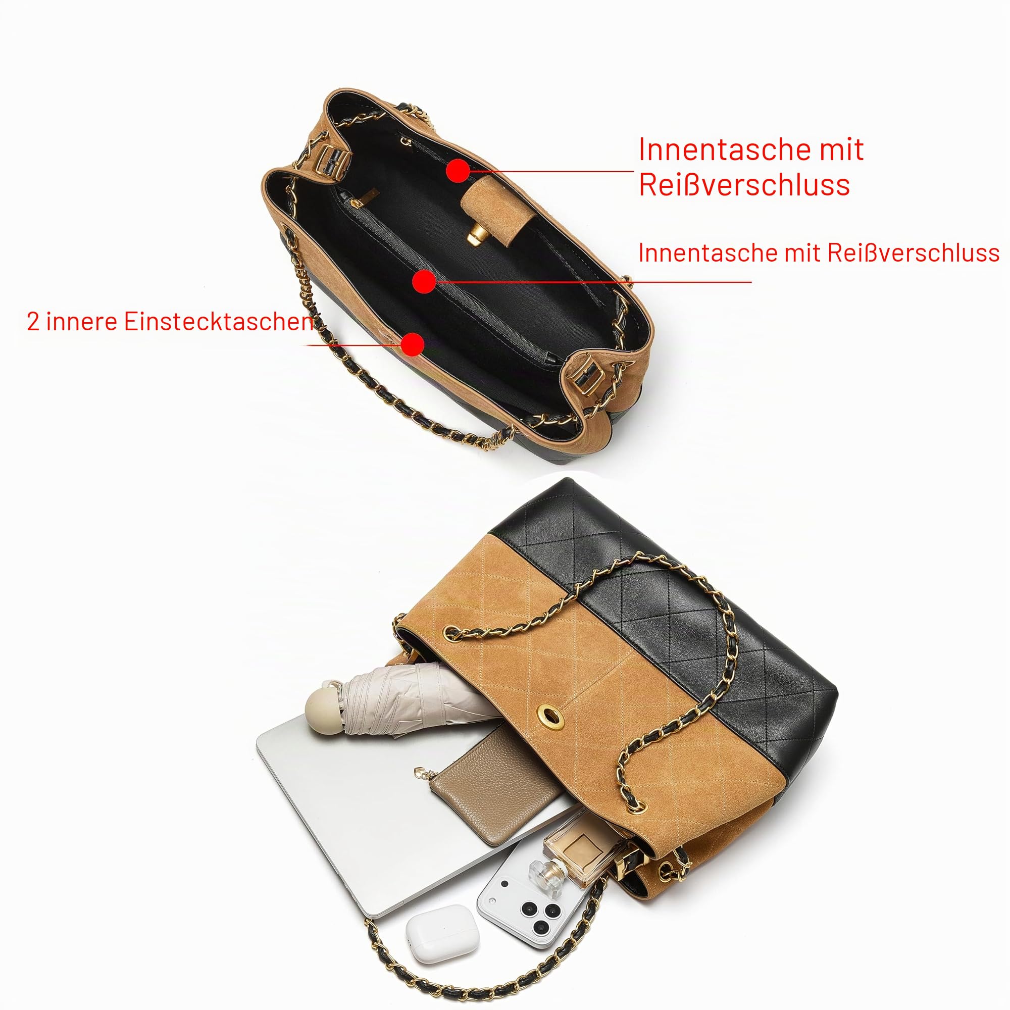 DORIS&JACKY Gesteppte Wildleder-Tragetasche für Damen, Designer-Lammfell-Umhängetasche und Handtaschen mit Kettenriemen