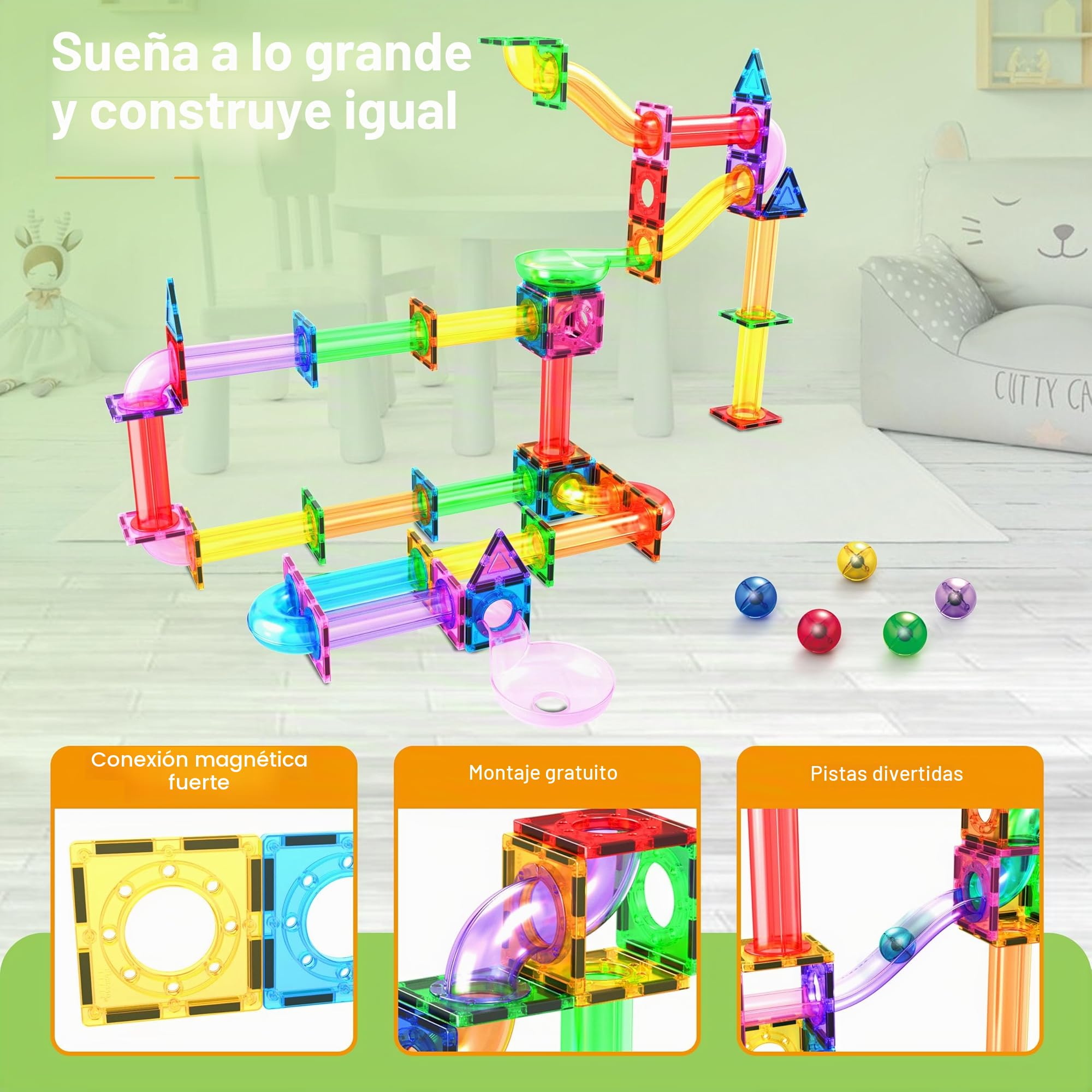 PicassoTiles Marble Run - Bloques de construcción magnéticos de 120 piezas, juego de construcción de azulejos magnéticos, juego de aprendizaje STEM, bloque educativo para el desarrollo del cerebro