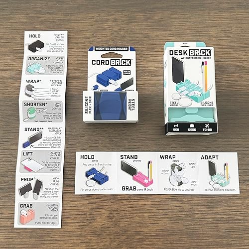 Miniatura 5 de CordBrick DeskBrick - Paquete de soportes para cables con peso para mesita de noche y escritorio, cargador de teléfono, organizador de cables de