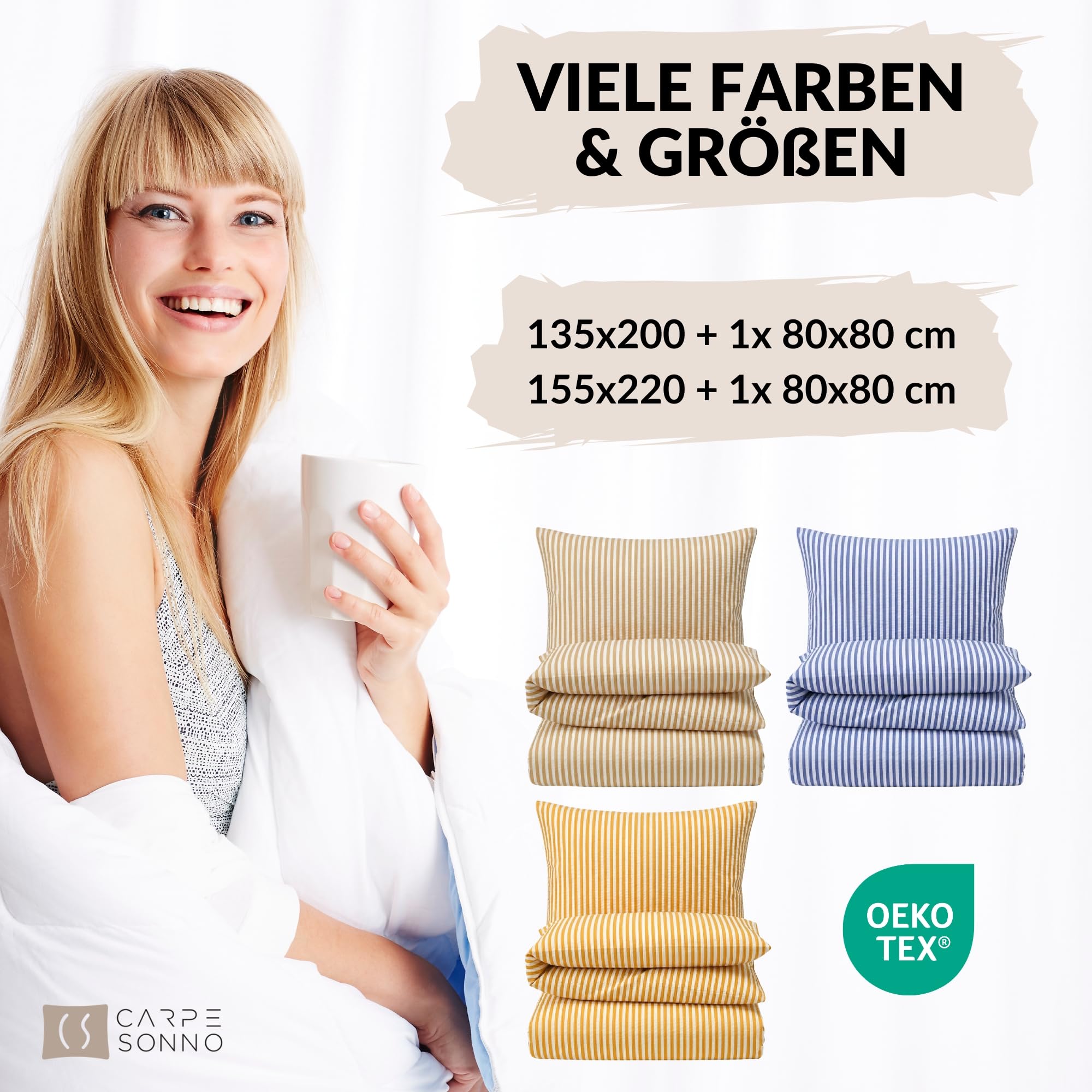 Carpe Sonno Seersucker Bettwäsche 135x200 Baumwolle [Bügelfrei] | Leicht kühlende Bettwäsche Seersucker 135x200 | Sommer Bettbezug 135 x 200 mit Streifen | Sommerbettwäsche gestreift Blau Weiß