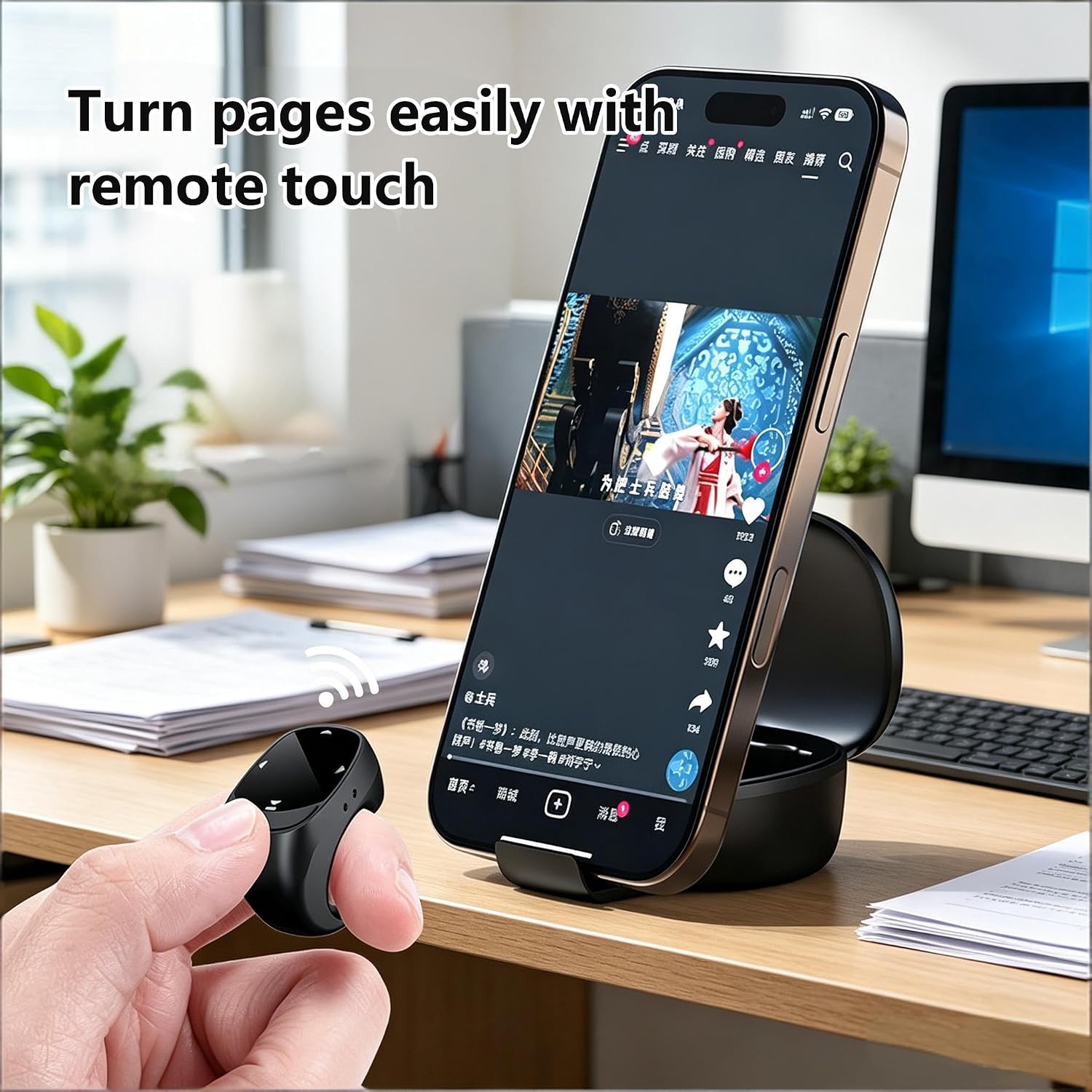 Finger Ring Bluetooth Remote Control with Touchscreen Bluetooth 5.3 Wireless Page Turner for TikTok Scrolling, Camera Shutter for Photo Video, Compatible with Android iOS HarmonyOS (Black)