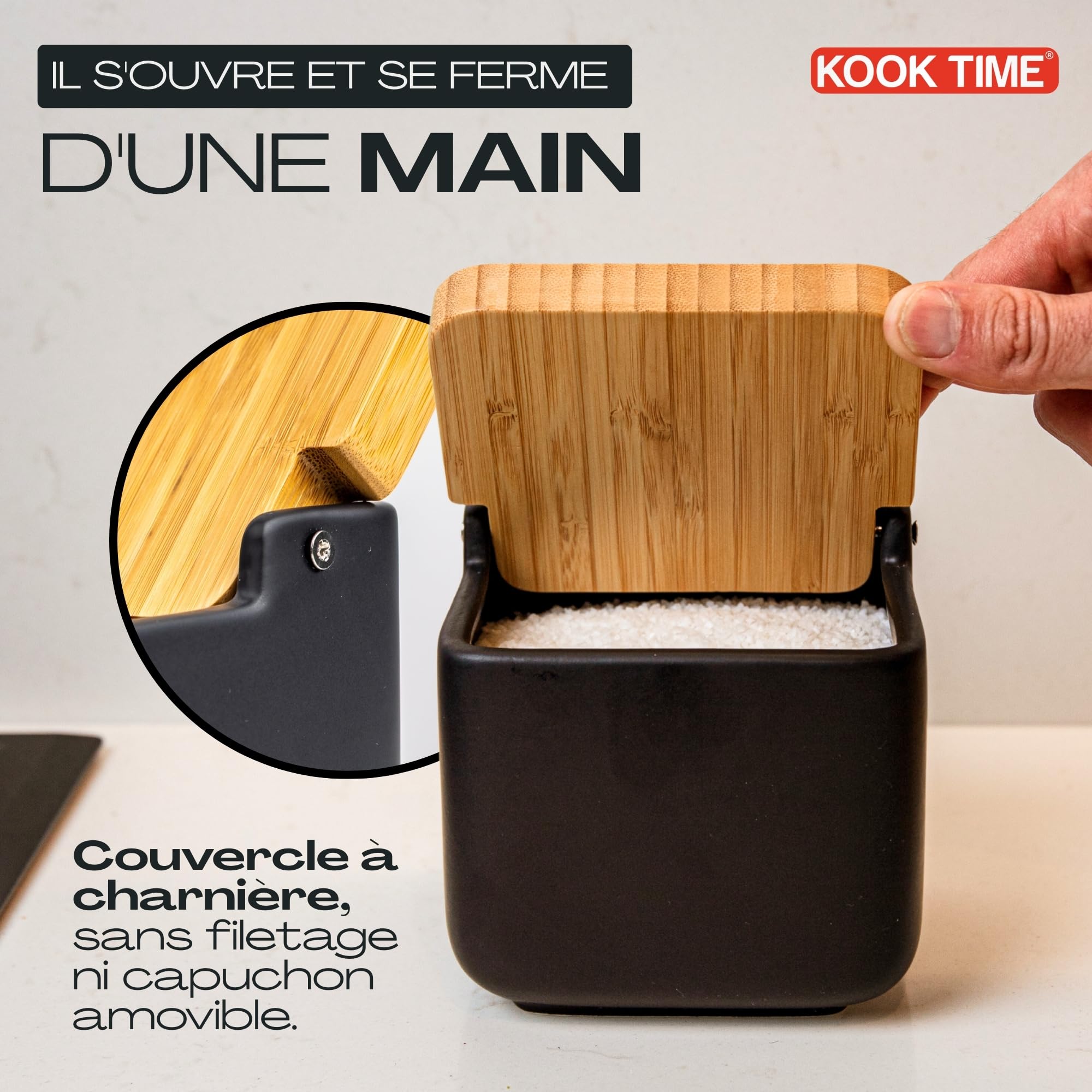 Pot a sel cuisine | Boîte à sel en céramique avec couvercle en bambou, parfaite pour sel gros et sel fin | Céramique Colour: Noir |11.5 x 11.5 x 11.5 cm.