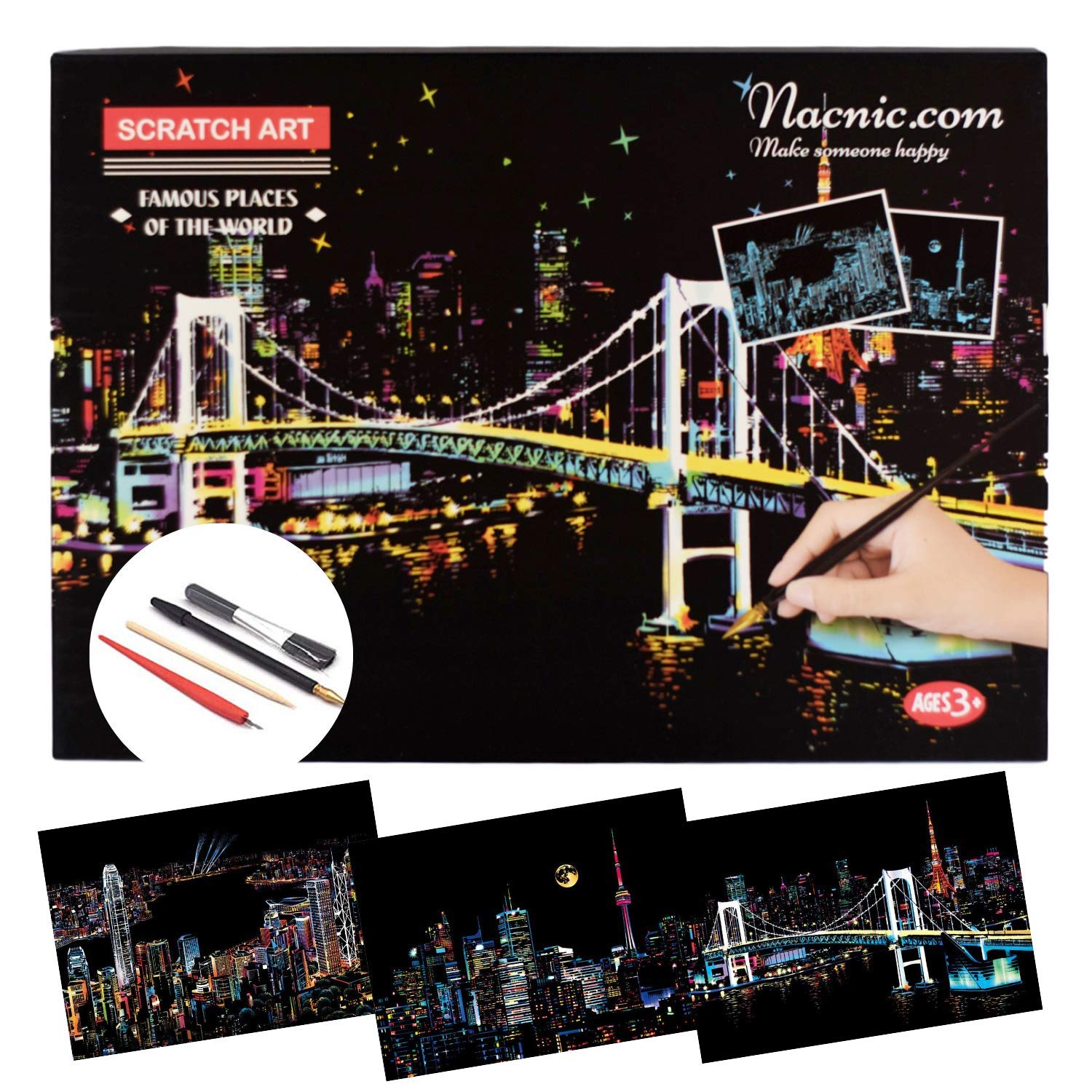 NacnicScratch Art Sheets. DIY Arts and Crafts for Adults and Kids. Scratch paper with colourful backgrounds to draw on. Tokyo, Canada and Victoria (AUS). 40.5x28.5cm, 3-Sheet set.