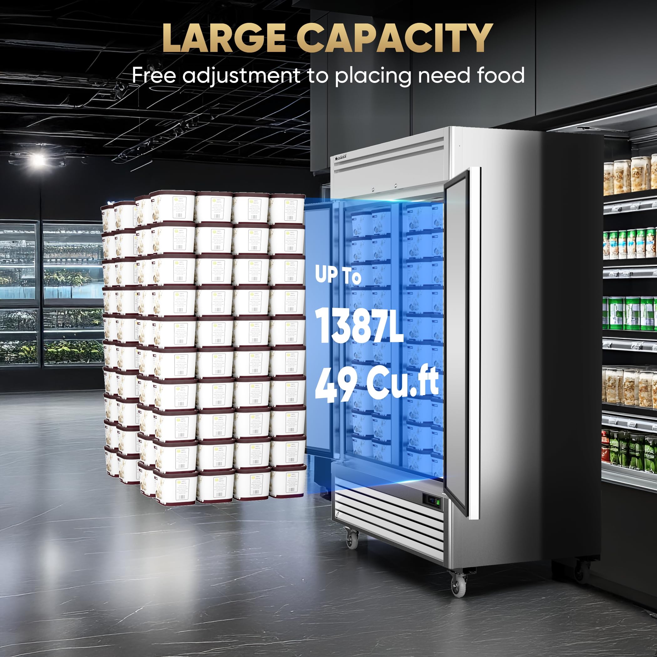 Coolski 54"W Commercial Freezer, -13℉ ~-5℉, 49 Cu.Ft 2 Door Reach-In Stainless Steel Upright Freezer for Restaurant, Cafe, Shop, Business, 8 Adjustable Shelves on Fridge.com