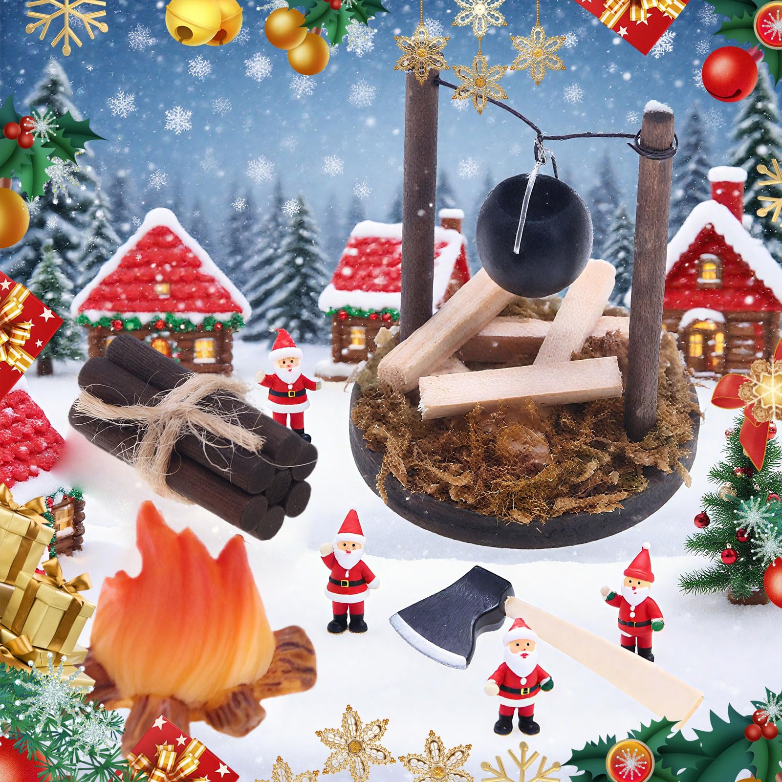 Benaton Pack of 4 Mini Campfire Gnome Accessories, Gnome Outdoor Camping Accessories with Firewood Heating Stove Campfire Axe, Wooden Dollhouse Campfire Christmas for Halloween Christmas