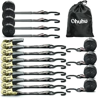 Ratchet Tie Down Strap 8-Pack 15 FT - 500 lbs Load Cap with 1500 lbs Breaking Strength Limit, Ohuhu Ratchet Tie Down Logistic Cargo Straps for Moving Appliances Cargo Motorcycle