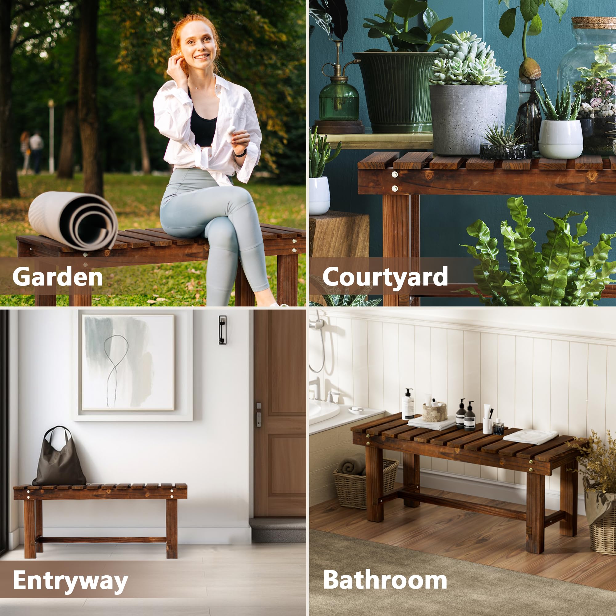 Banco de jardín al aire libre, banco de patio resistente a la intemperie, asiento para 2 personas, banco de porche de madera sin espalda, banco multifuncional para todo tipo de clima, para jardín 6