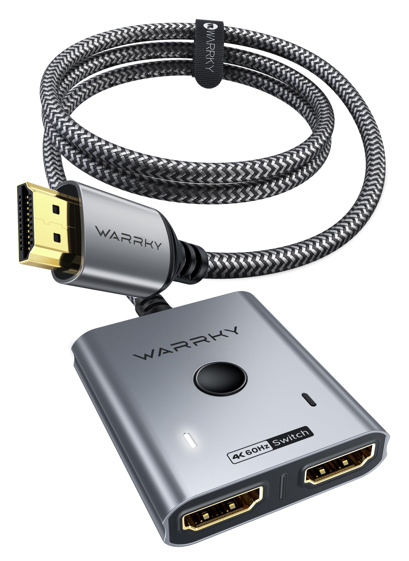 HDMI Switch 4K@60Hz, WARRKY HDMI 2.0 Splitter 2 In 1 Out 【2K@144Hz, 1m Geflochtenes Kabel, HDCP 2.2】 Aluminium Umschalter (Jeweils 1 Display auf einmal) Unterstützt UHD 3D für PS5/4, Xbox, FireStick