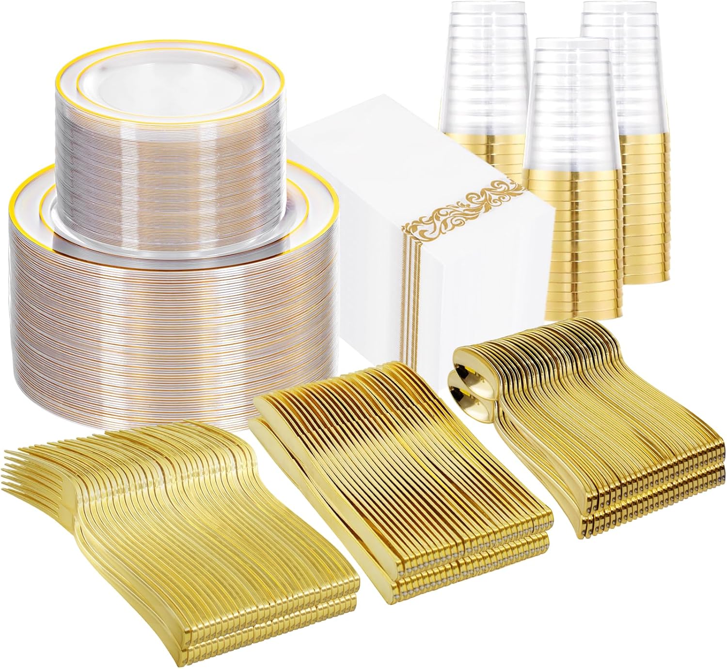 700 Pieces Gold Dinnerware Set - 100 Guests Clear Disposable Dinnerware Set for Party, Wedding, Include: 200 Clear Plates with Gold Trim, 100 Cups, 100 Napkins, 100 Plastic Silverware Sets 100 Guests Clear Gold