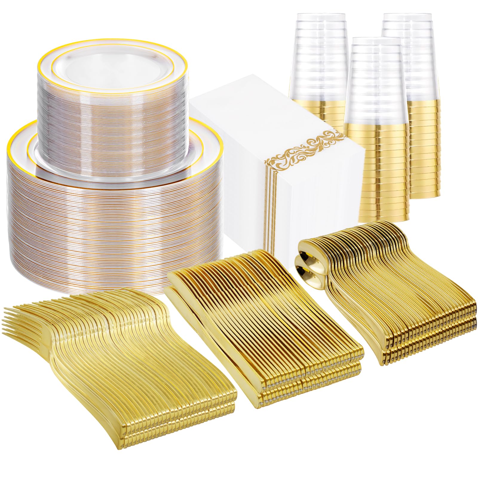 700 Pieces Gold Dinnerware Set - 100 Guests Clear Gold Disposable Dinnerware Set for Party, Wedding, Include: 200 Clear Plates with Gold Trim, 100 Cups, 100 Napkins, 100 Gold Plastic Silverware Sets