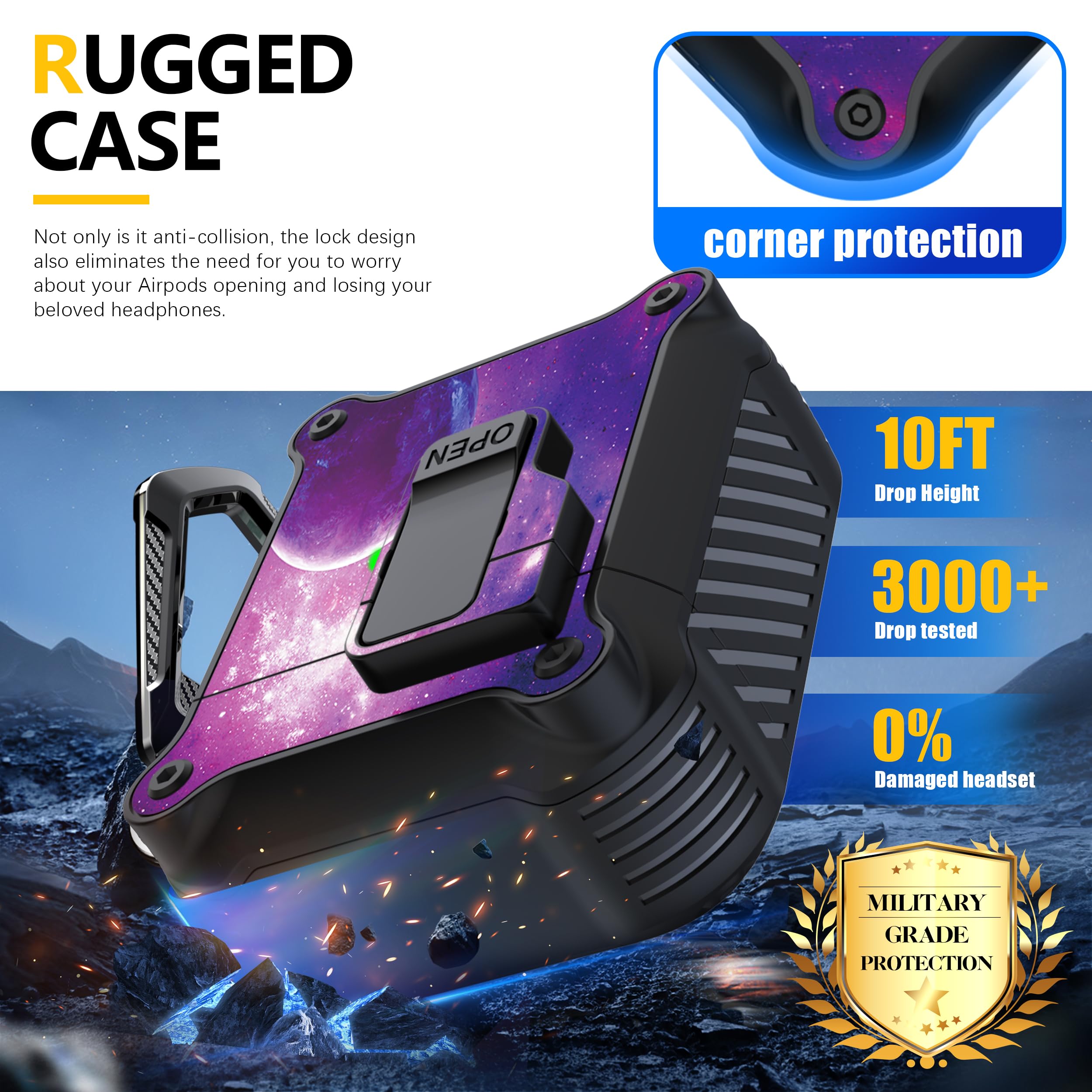 RFUNGUANGO Compatible with Airpods 2nd /1st Case,Automatic Pop-up with Safety Lock Clip, Full Body Shockproof Hard Case with Keychain Compatible with AirPods case,starry sky — view 3