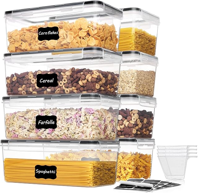 Vtopmart Airtight Food Storage Containers with Lids 8PCS Set 3.2L, Spaghetti Container for Pasta Organizer, Air Tight House Pantry Organization and Storage