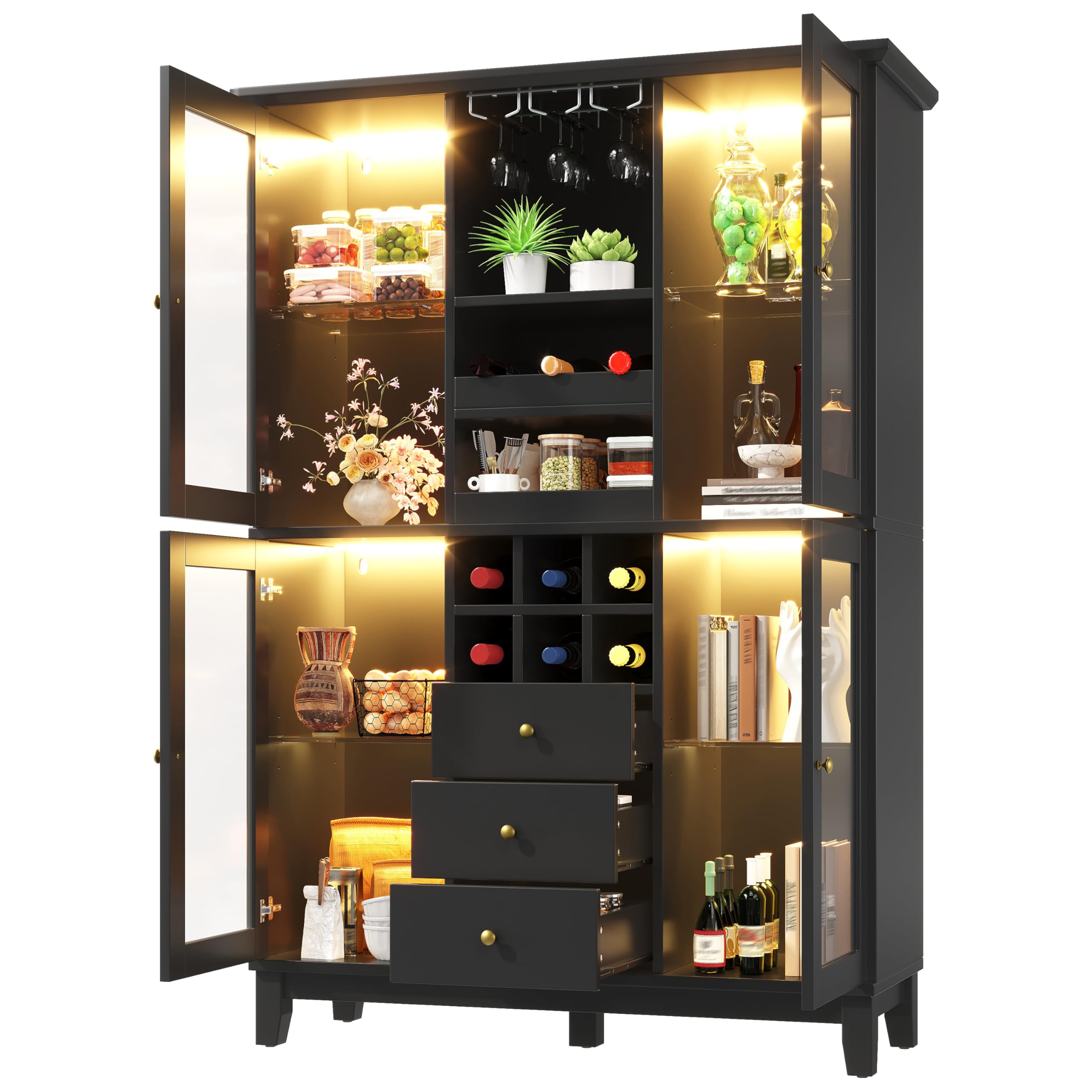Weinschrank mit App-gesteuerter LED-Beleuchtung, 180,5x120x40 cm, Weinregal mit 3 Schubladen, Weinglas- & Flaschenhalter, Hausbar Weinbar, modernes Flaschenregal für Wohnzimmer & Esszimmer