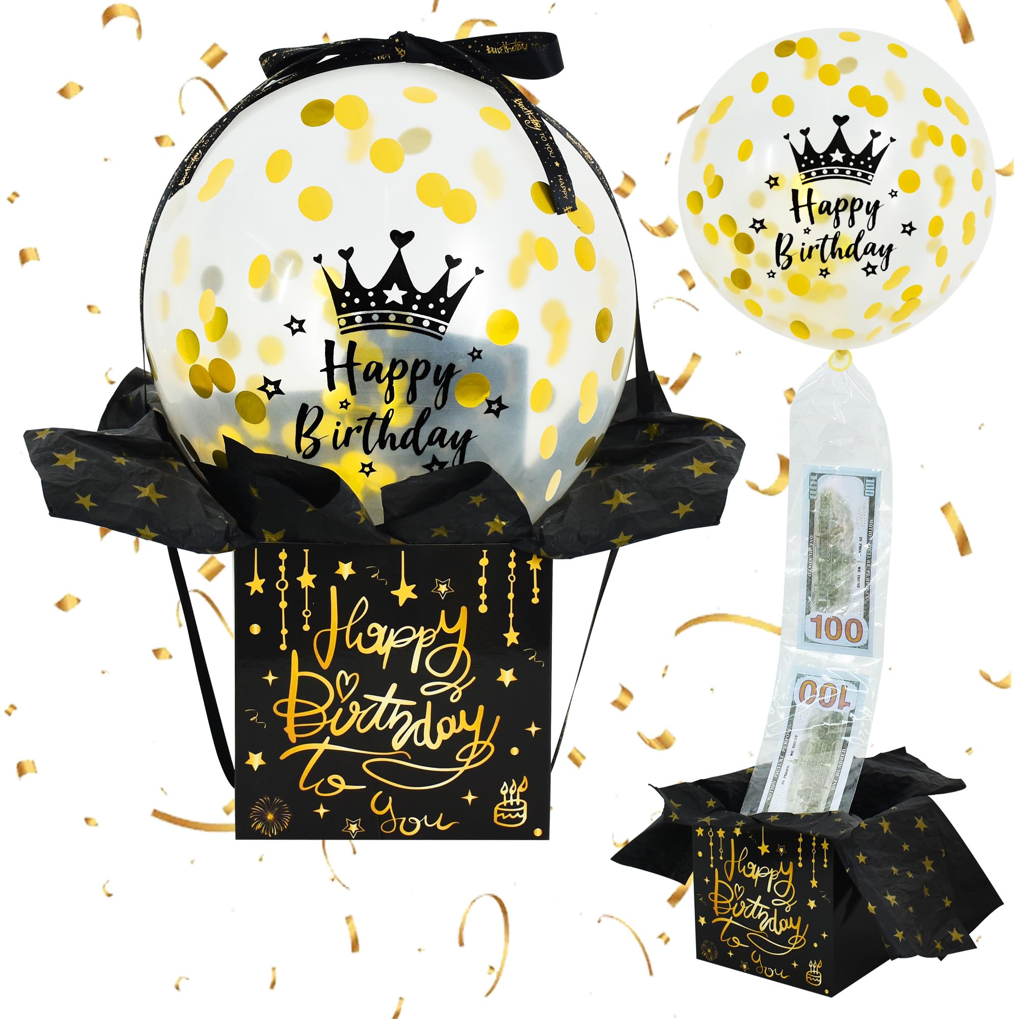 BEISHIDA Birthday Money Pull Box, Pull Money Balloon Box for Cash Birthday,Money Box for Cash,DIY Surprise Gift Box for Money, Black&Gold Money Gift Box for Cash - Funny Ways to Give Money As A Gift