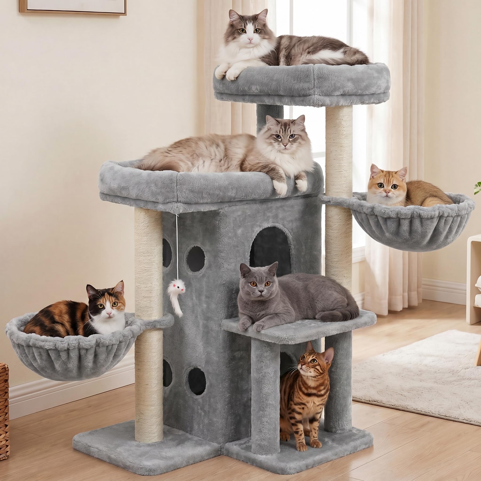 Heybly Árbol para Gatos 105 cm con 2 Plataformas y 2 Cestas Gris Claro | multinivel torre,2 plataformas,cueva doble,2 cestas,felpa suave,postes de sisal,para interiores y varios gatos HCT075W