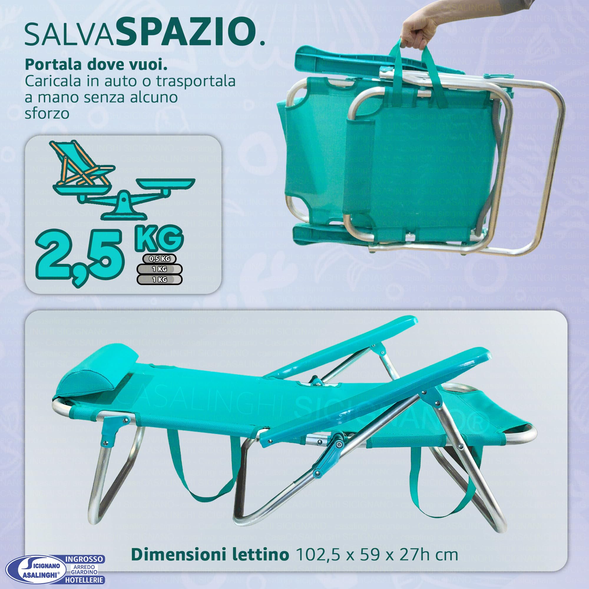 Sicignano Sdraio Pieghevole, Spiaggina in Alluminio e Texilene con Braccioli e Poggiatesta, 63 x 55 x 79-61 h cm, Portata 110 kg, per Mare Giardino Campeggio, Turchese
