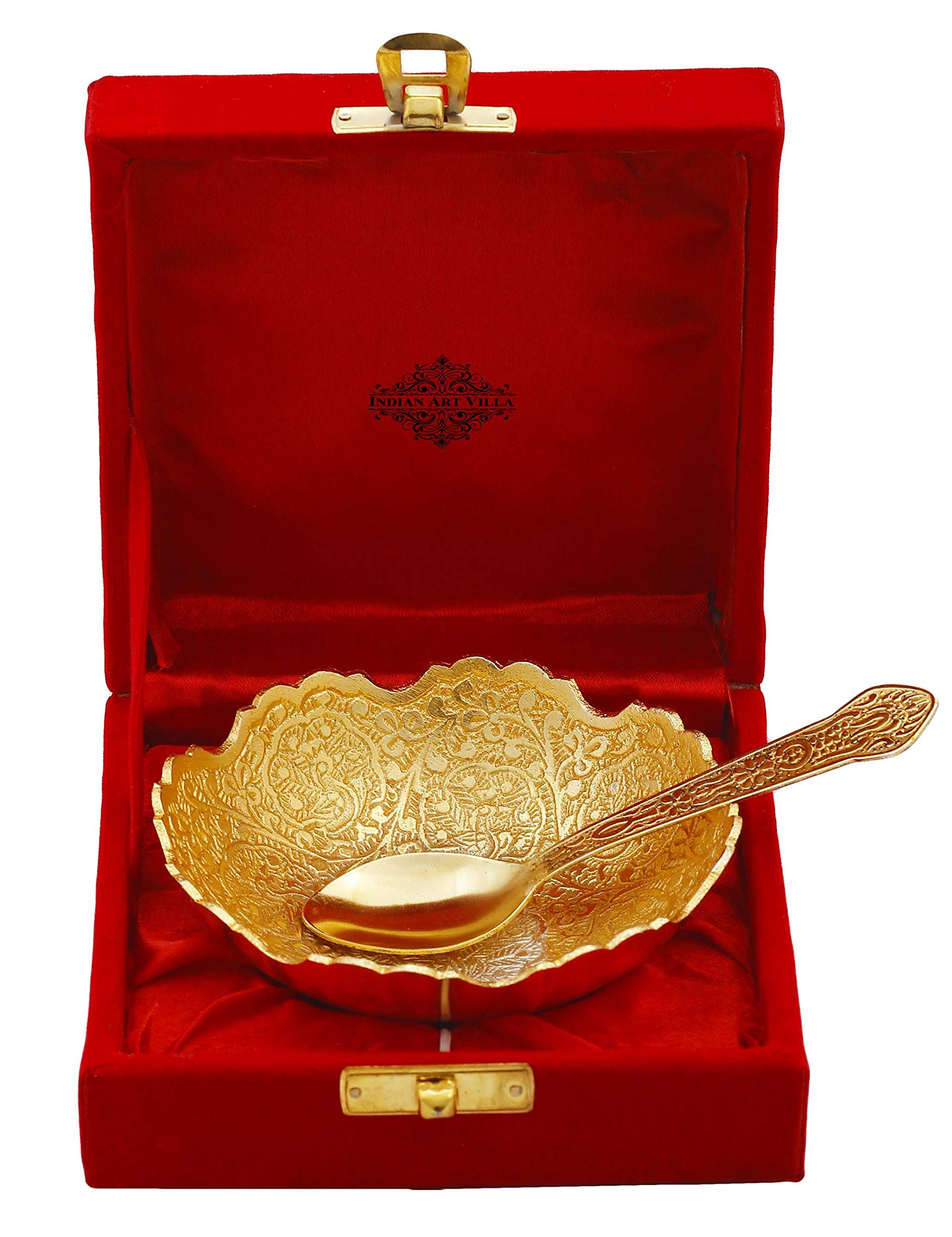 Indian Art VillaSilver Plated Gold Polished Decorative Embossed Flower Design Bowl and Spoon with Gift Box Festive Gifts