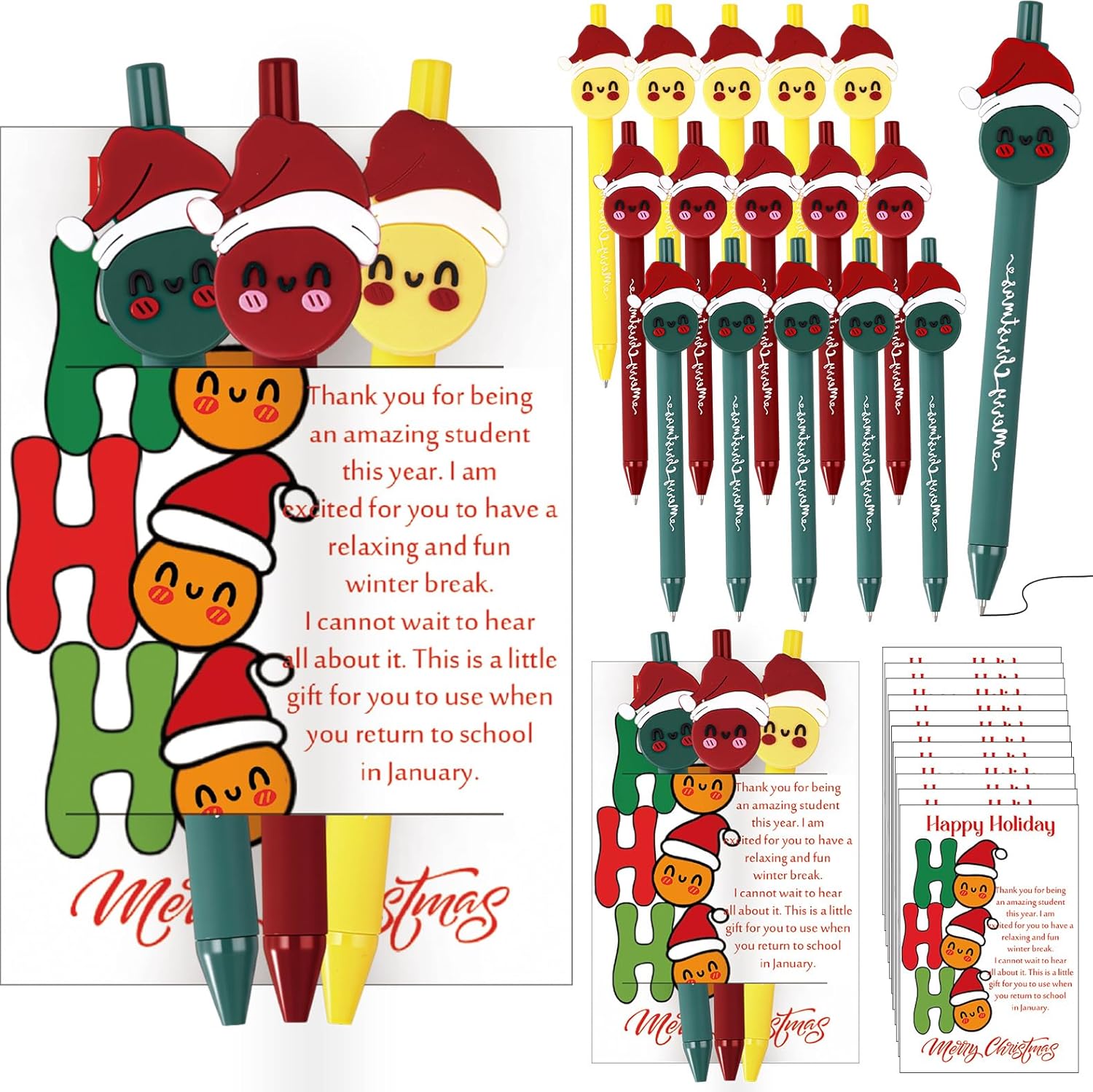 ReliThick 60 Sets Christmas Office Gifts for Christmas Ballpoint Pen with Wish Cards End of Year Gift from Teacher Smile Face with Cap Pen Inspirational Party Favor for Coworkers