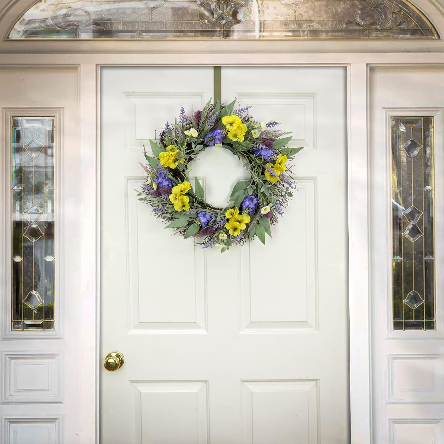 National Tree Company 22 inch Artificial Spring Wreath with Pansy Blooms, Lavender, and Assorted Blossoms, Realistic Floral Decoration for Front Door or Indoor Décor
